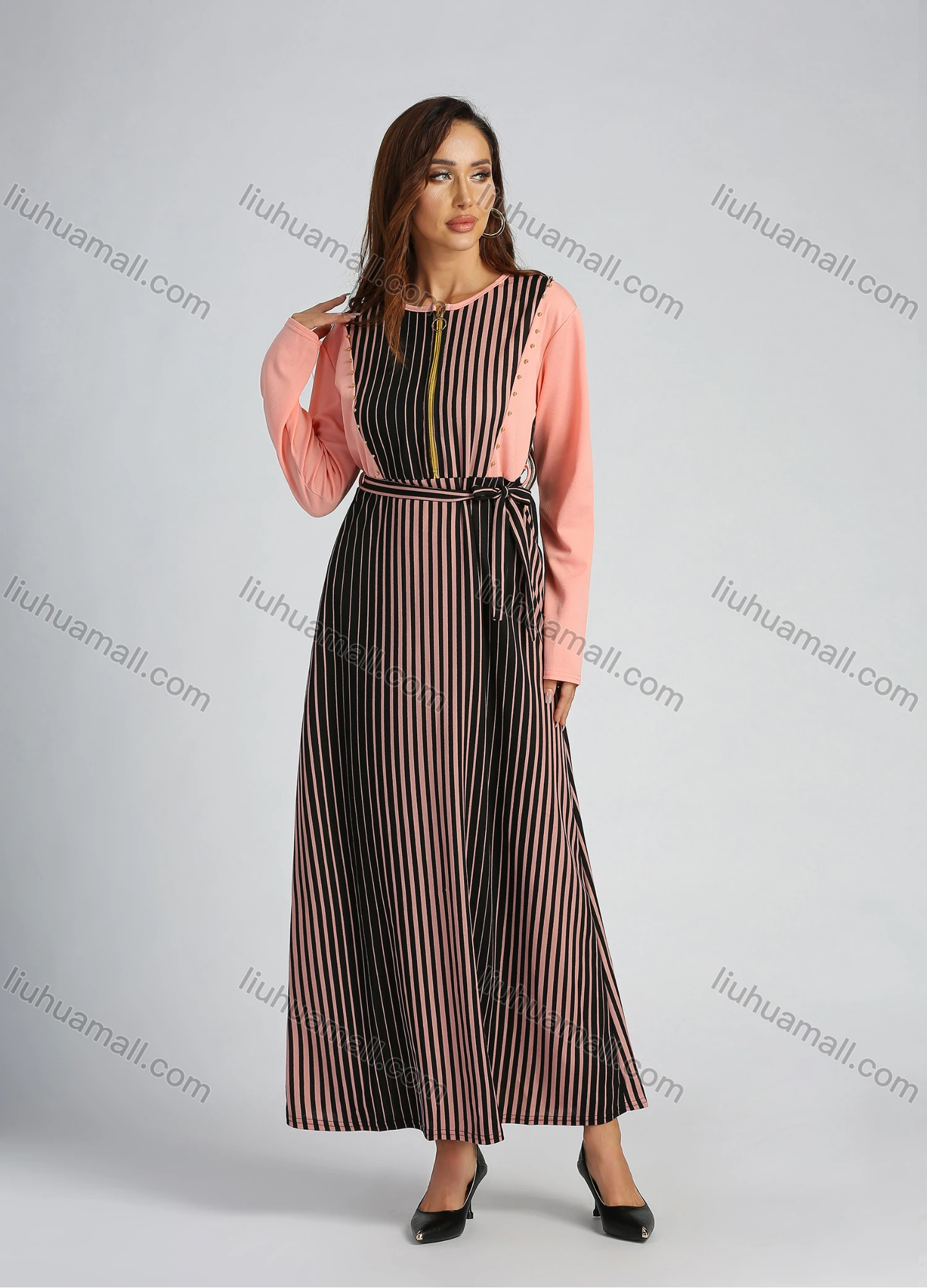 Wholesale Women's Long Sleeve Round Neck Zip Front Striped Splicing Maxi Dress With Belt - Liuhuamall
