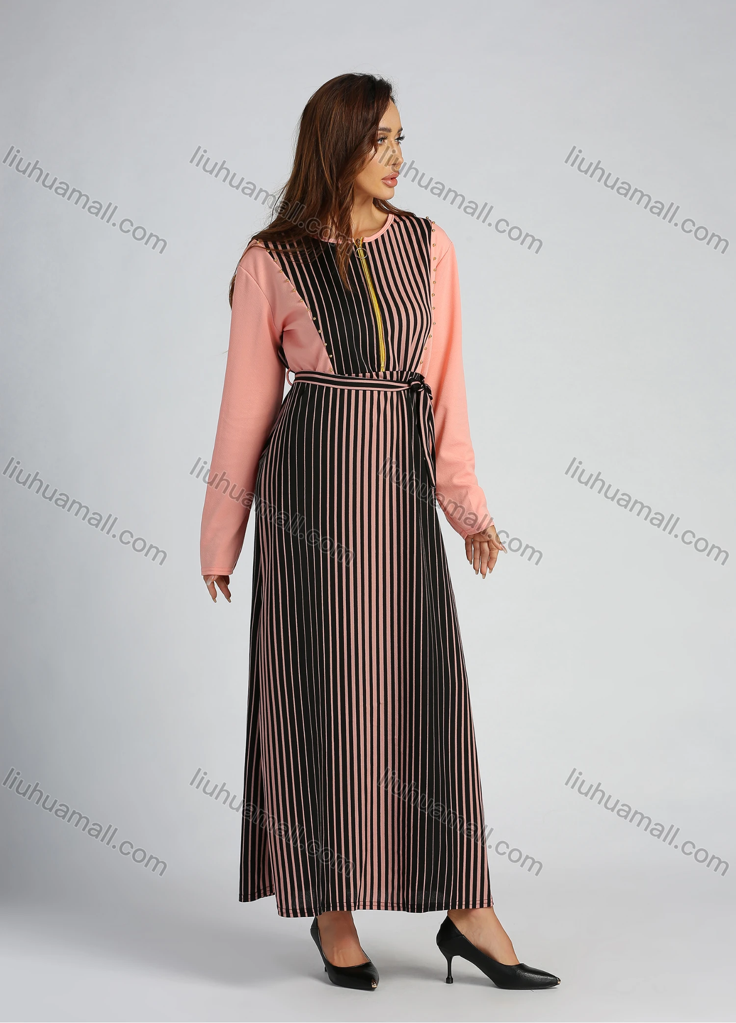 Wholesale Women's Long Sleeve Round Neck Zip Front Striped Splicing Maxi Dress With Belt - Liuhuamall