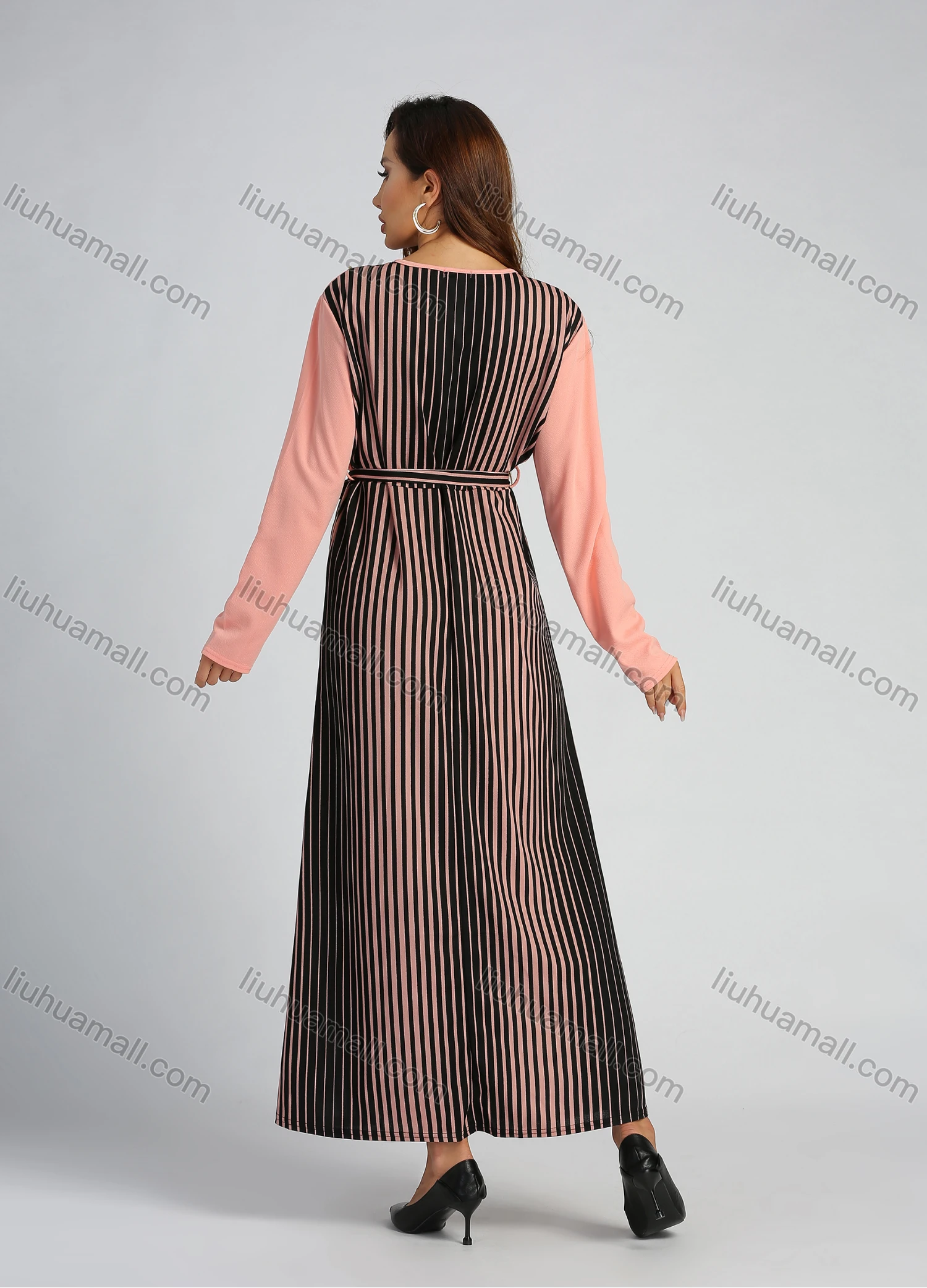 Wholesale Women's Long Sleeve Round Neck Zip Front Striped Splicing Maxi Dress With Belt - Liuhuamall