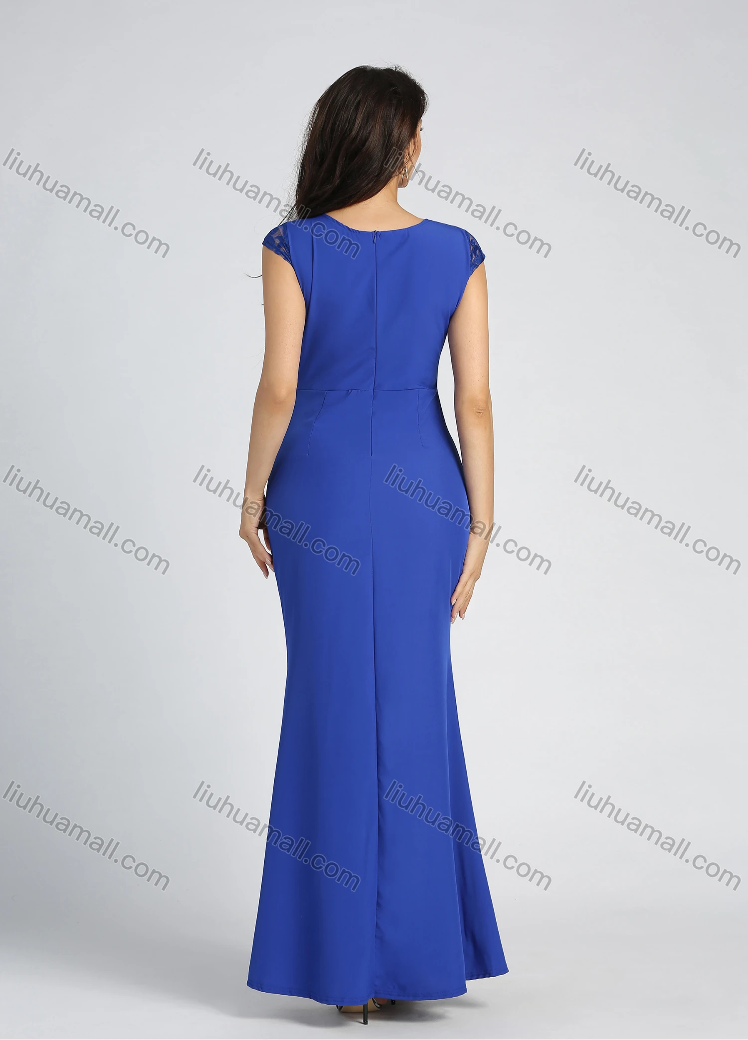 Wholesale Women's Cap Sleeve Guipure Lace Side Slit Sweetheart Collar Mermaid Hem Maxi Cocktail Dress - Liuhuamall