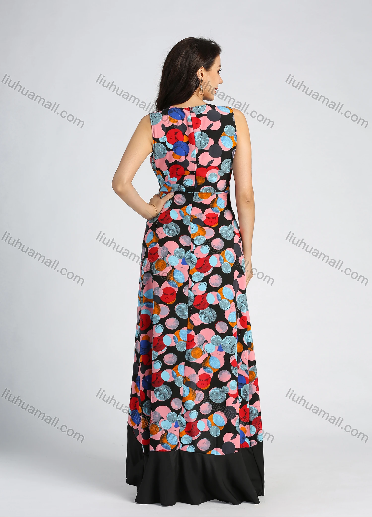 Wholesale Women's Allover Print Strap Deep V Neck Ruffled Trim Front Slit Maxi Cocktail Dress - Liuhuamall