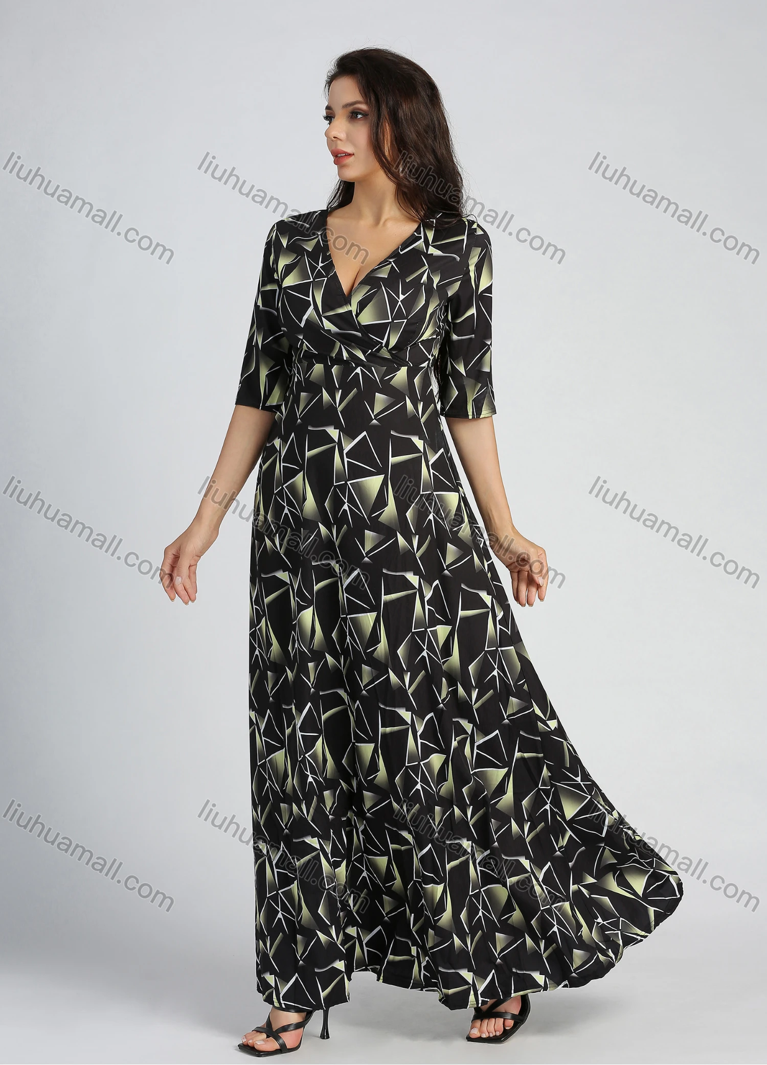 Wholesale Women's Geometric Print Deep V Neck Half Sleeve Wrap Maxi Dress - Liuhuamall