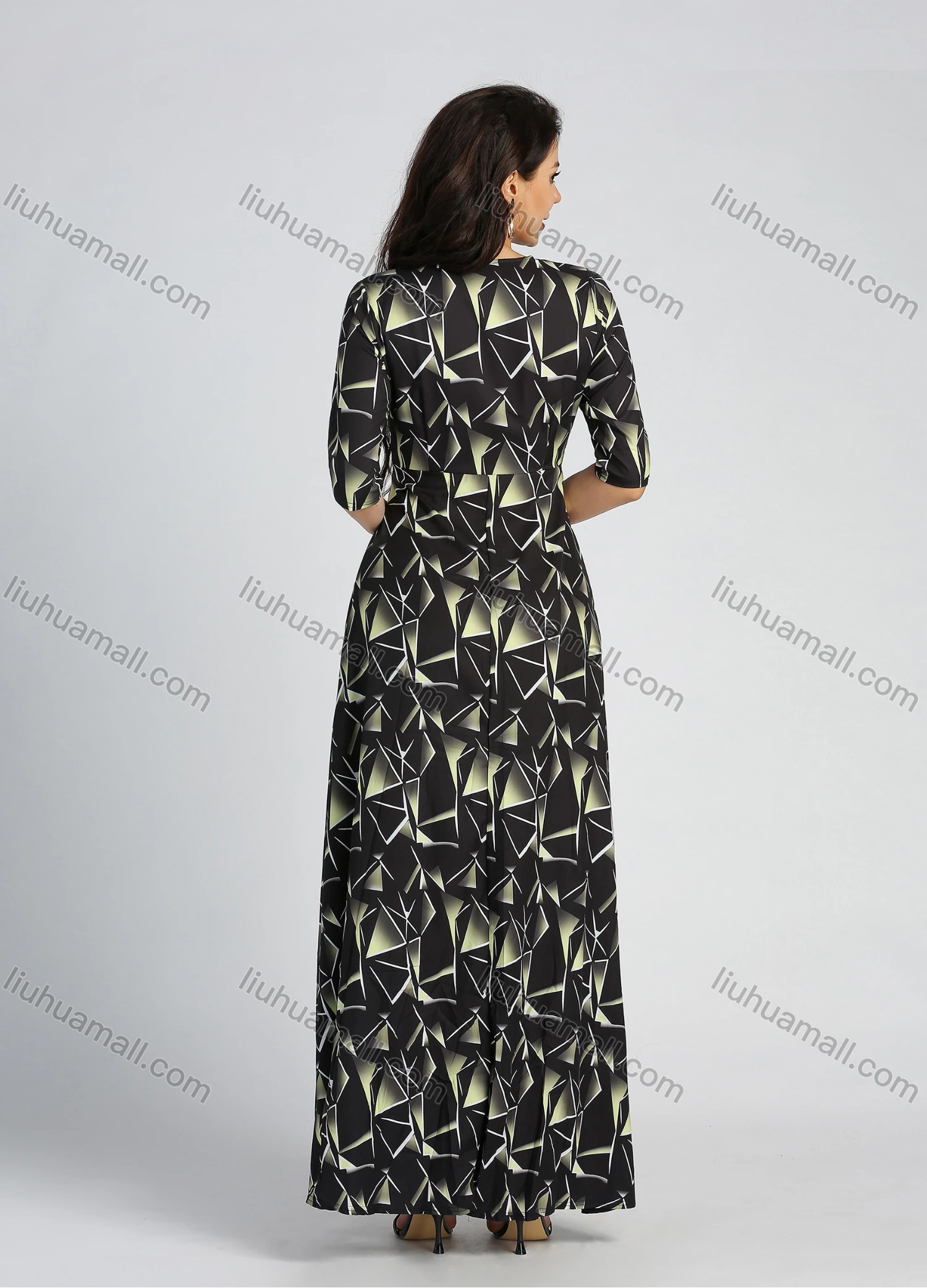 Wholesale Women's Geometric Print Deep V Neck Half Sleeve Wrap Maxi Dress - Liuhuamall