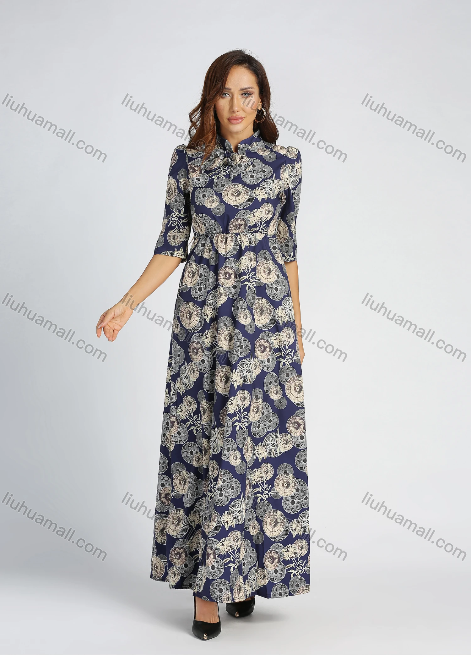 Wholesale Women's Mandarin Collar Allover Print Half Sleeve High Waist Maxi Dress - Liuhuamall