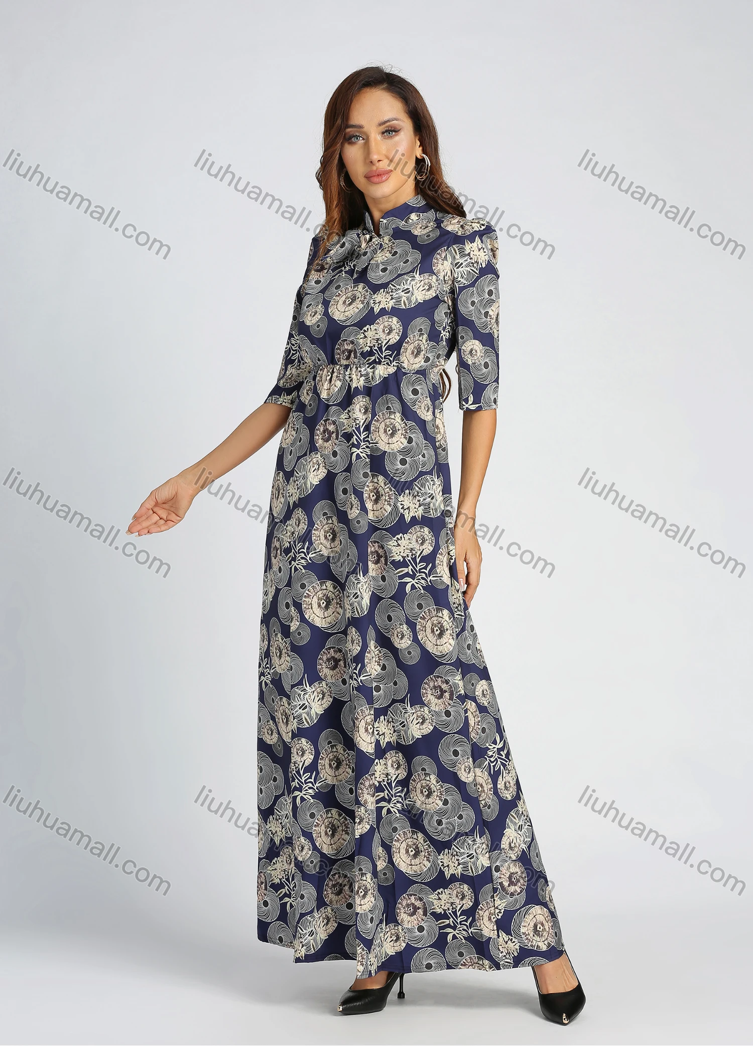 Wholesale Women's Mandarin Collar Allover Print Half Sleeve High Waist Maxi Dress - Liuhuamall