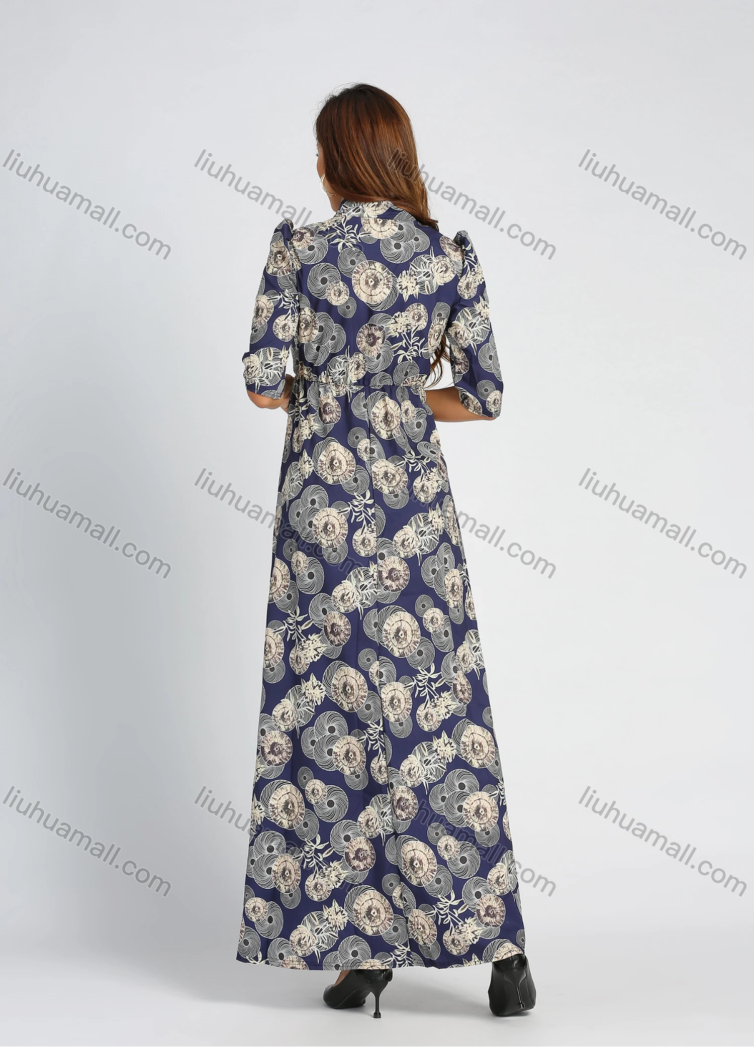 Wholesale Women's Mandarin Collar Allover Print Half Sleeve High Waist Maxi Dress - Liuhuamall
