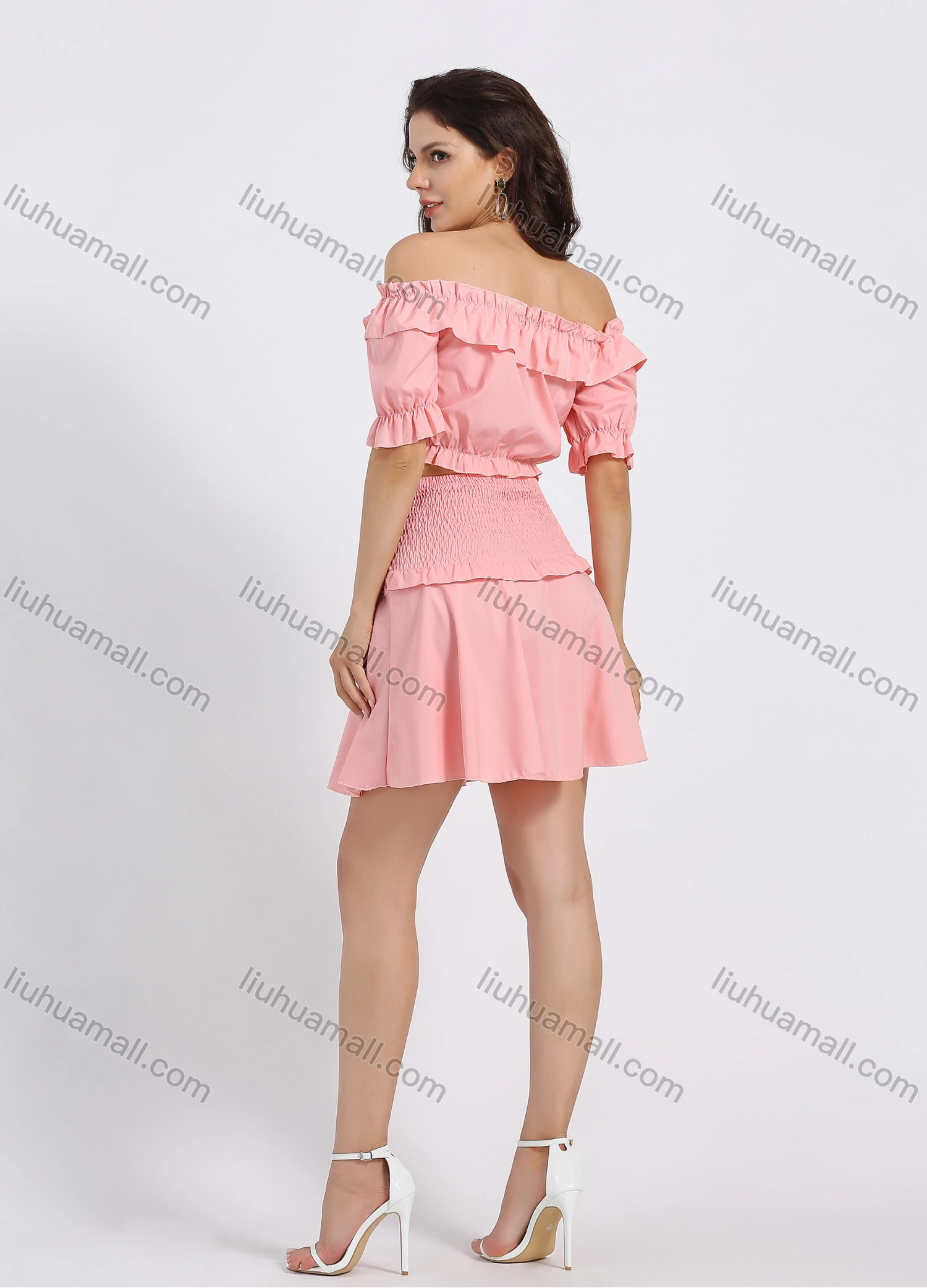 Wholesale Women's Layered Ruffled Trim Shirred Off Shoulder Plain Crop Top 2 Piece Set - Liuhuamall