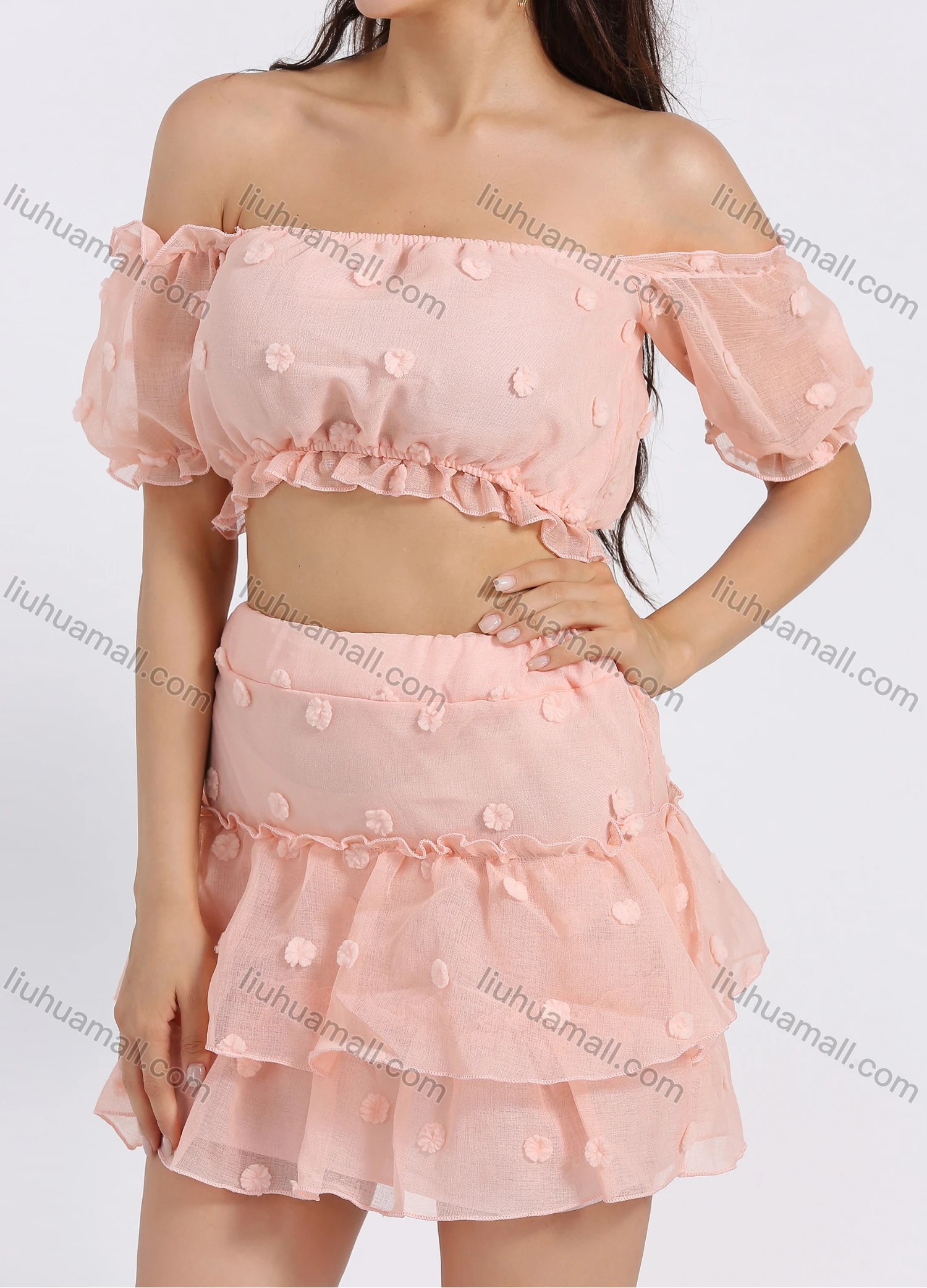 Wholesale Women's Off Shoulder Puff Sleeve 3D Floral Layered Crop Top 2 Piece Set - Liuhuamall