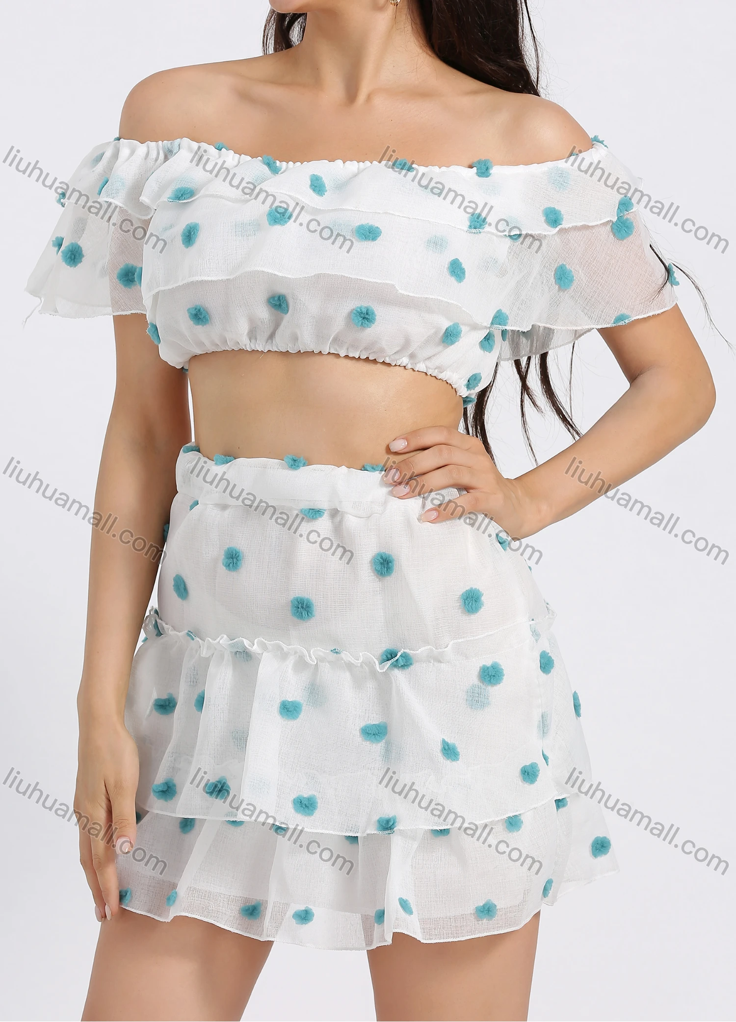 Wholesale Women's Off Shoulder Layered Sleeve 3D Floral Crop Top 2 Piece Set - Liuhuamall