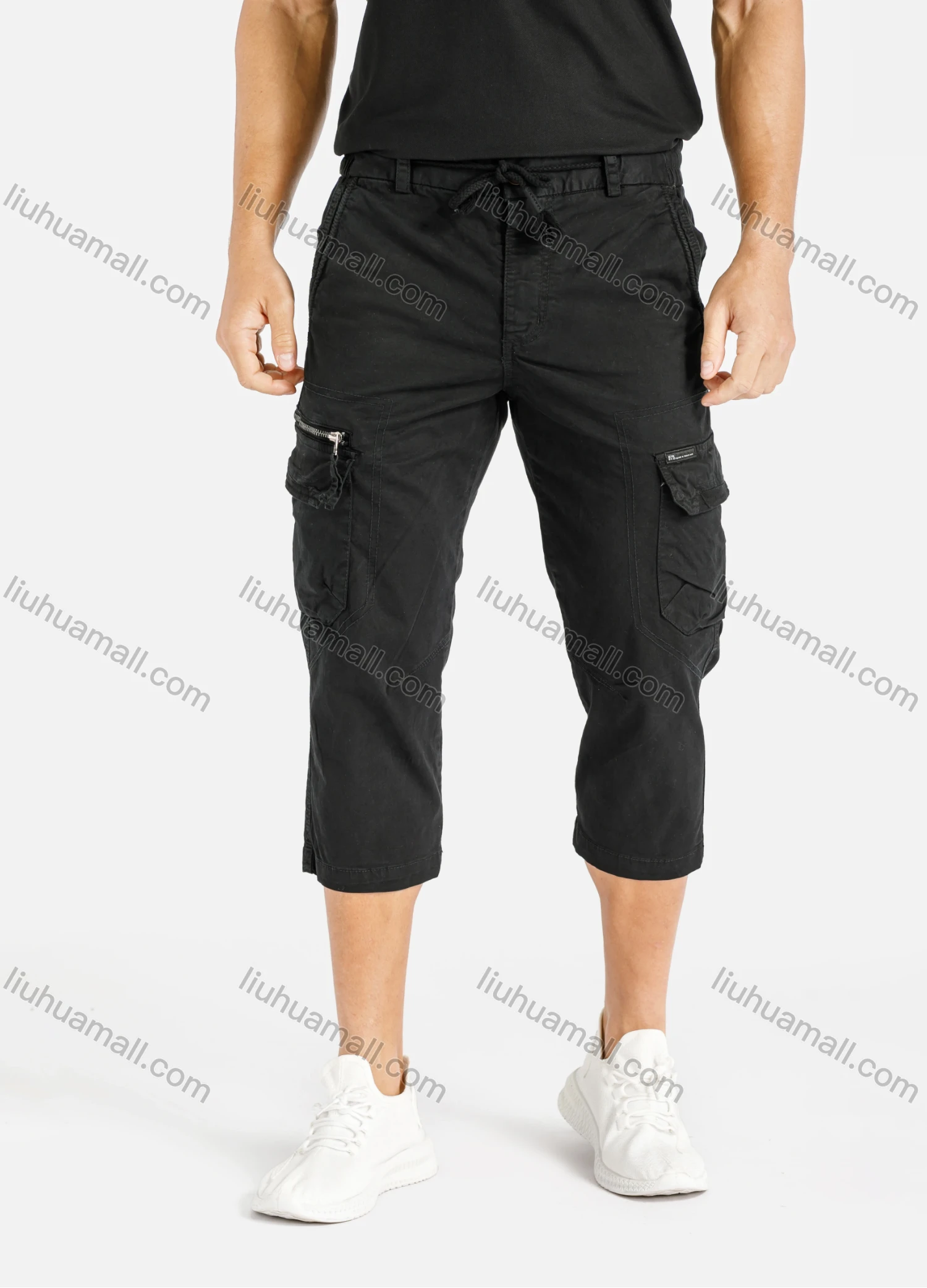 Wholesale Men's Casual Plain Multiple Pockets Drawstring Capris Cargo Pant 9371# - Liuhuamall