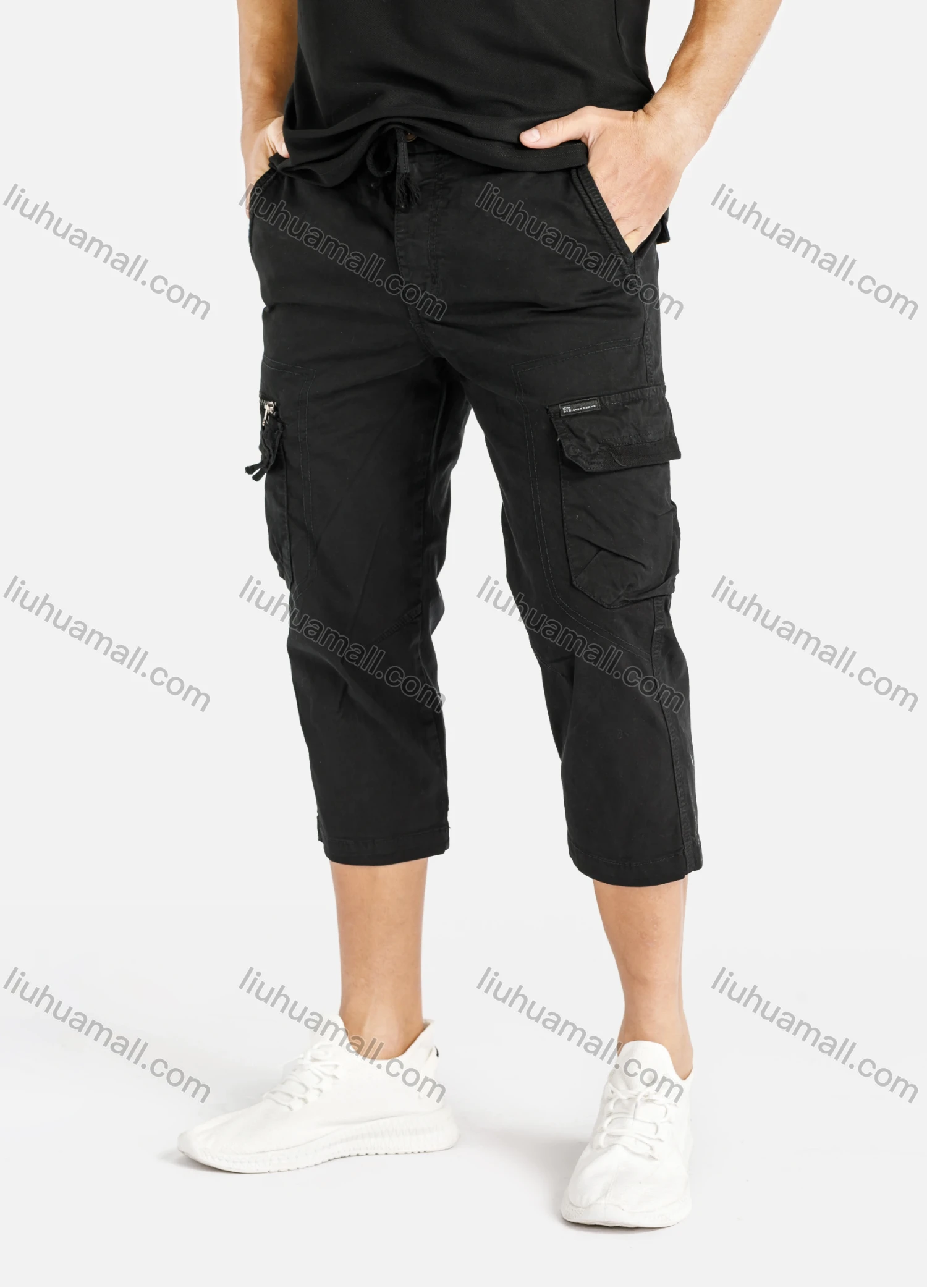 Wholesale Men's Casual Plain Multiple Pockets Drawstring Capris Cargo Pant 9371# - Liuhuamall