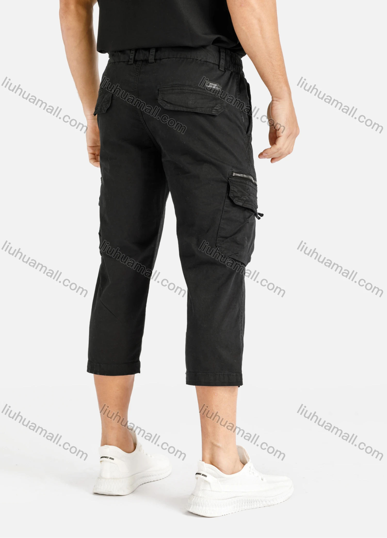 Wholesale Men's Casual Plain Multiple Pockets Drawstring Capris Cargo Pant 9371# - Liuhuamall