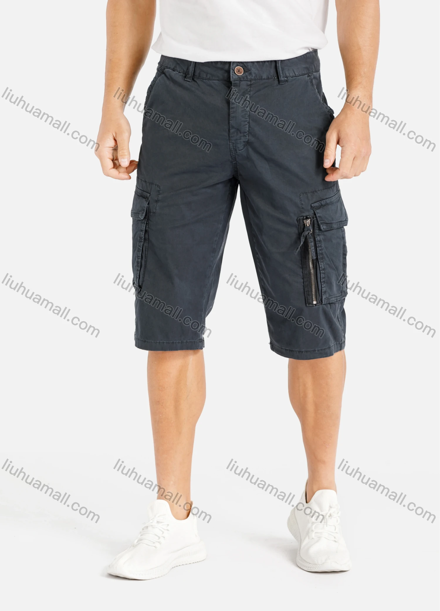 Wholesale Men's Casual Flap Pocket Zip Decor Plain Cargo Shorts 1701# - Liuhuamall