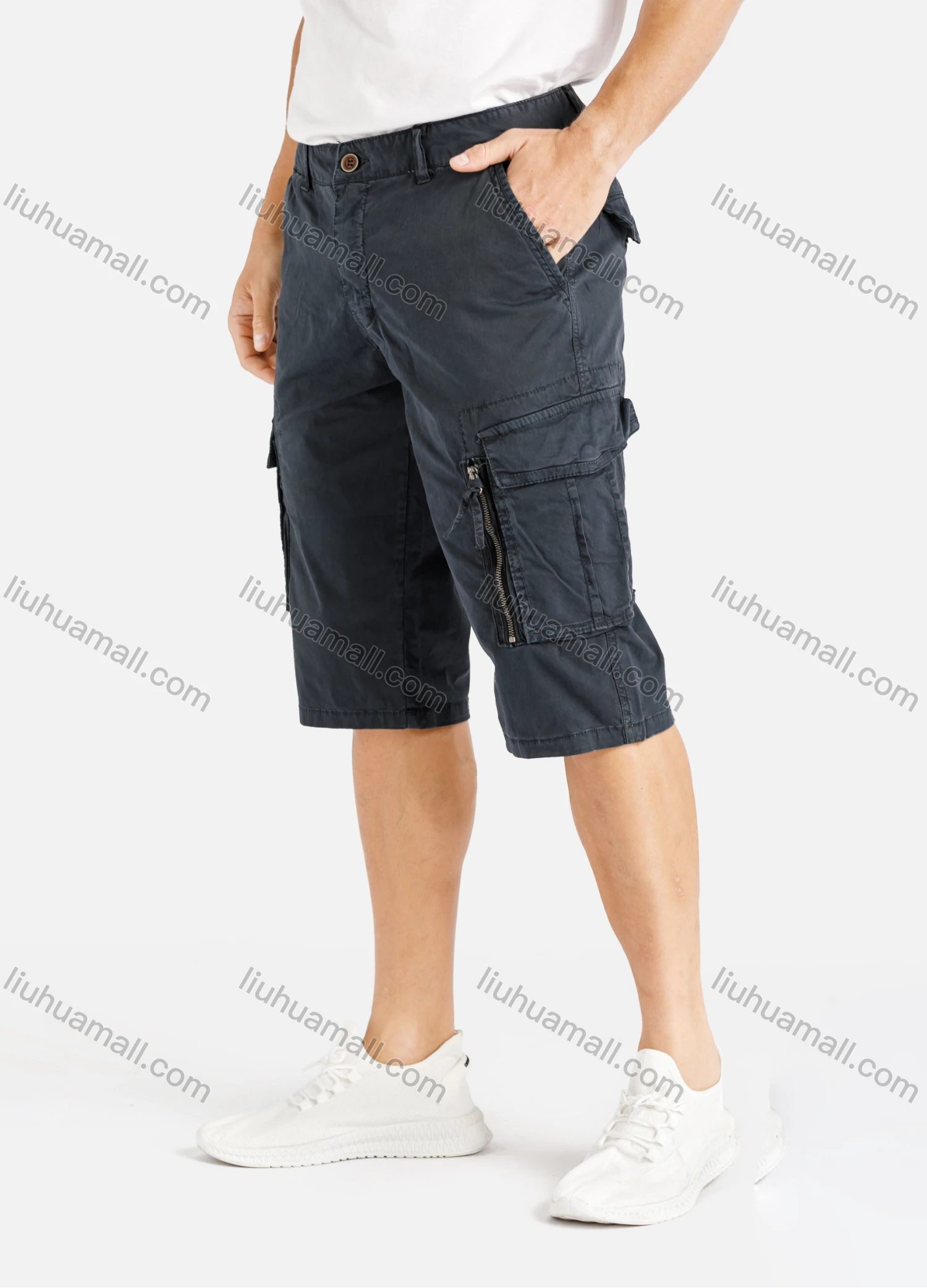 Wholesale Men's Casual Flap Pocket Zip Decor Plain Cargo Shorts 1701# - Liuhuamall