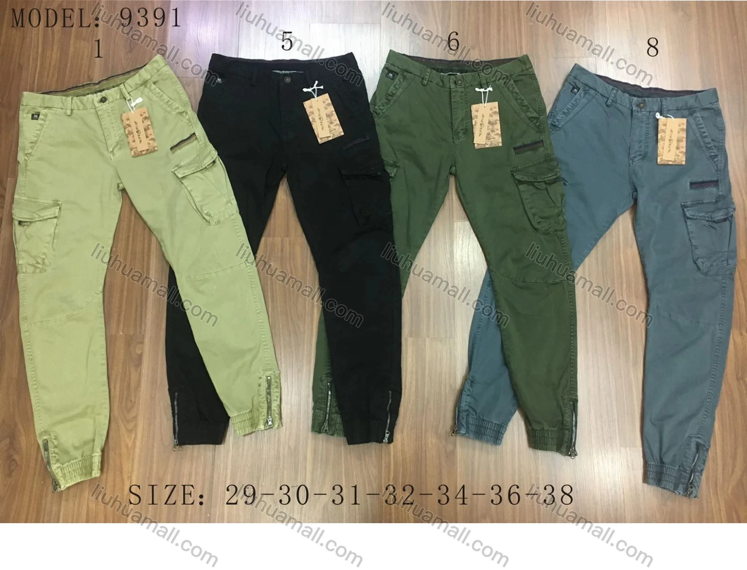 Wholesale Men's Casual Flap Pocket Zip Decor Plain Cargo Pant With Buckle Belt 9391# - Liuhuamall