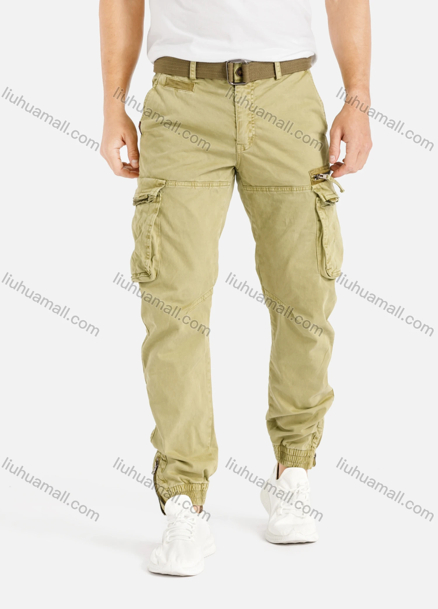 Wholesale Men's Casual Flap Pocket Zip Decor Plain Cargo Pant With Buckle Belt 9391# - Liuhuamall
