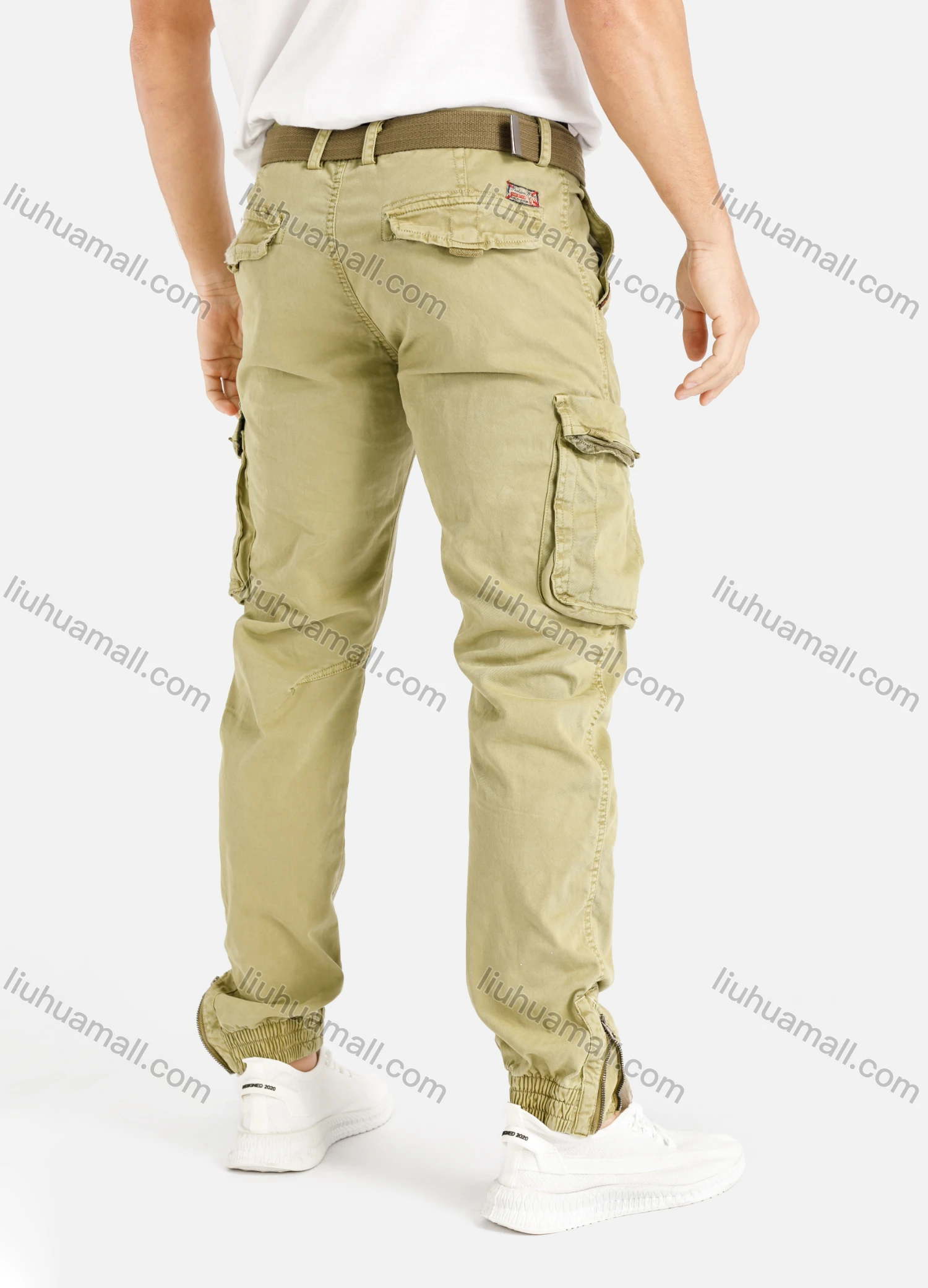 Wholesale Men's Casual Flap Pocket Zip Decor Plain Cargo Pant With Buckle Belt 9391# - Liuhuamall
