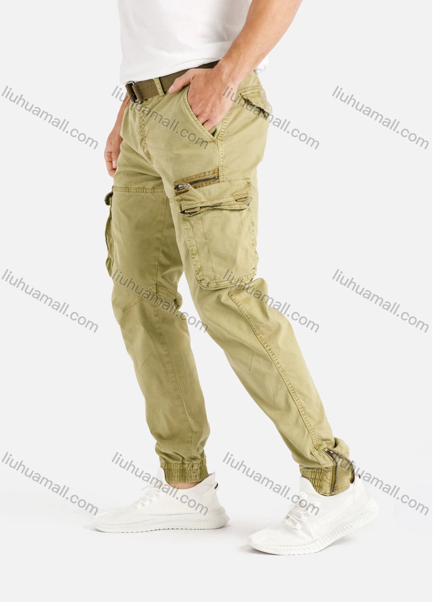 Wholesale Men's Casual Flap Pocket Zip Decor Plain Cargo Pant With Buckle Belt 9391# - Liuhuamall