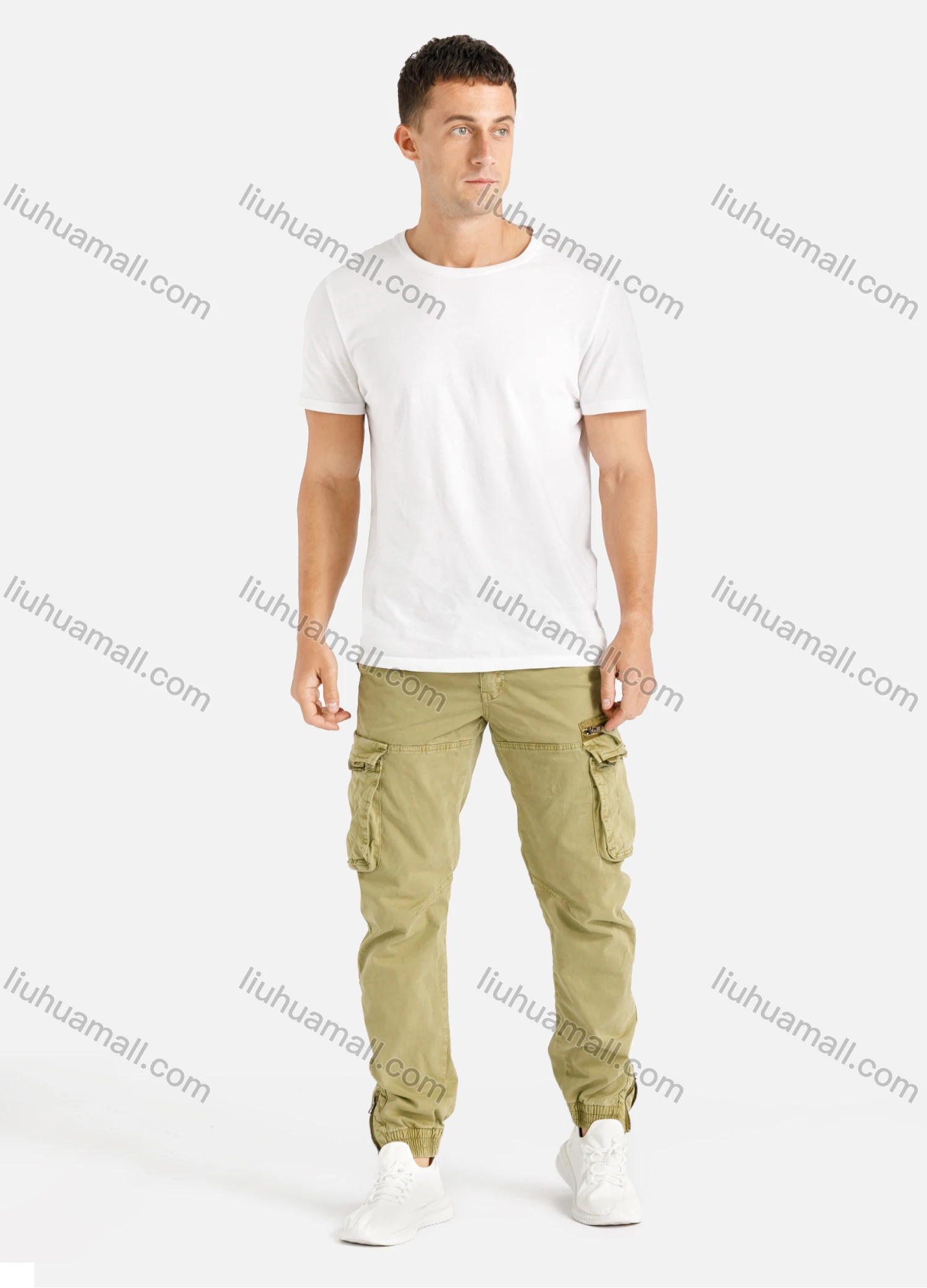 Wholesale Men's Casual Flap Pocket Zip Decor Plain Cargo Pant With Buckle Belt 9391# - Liuhuamall