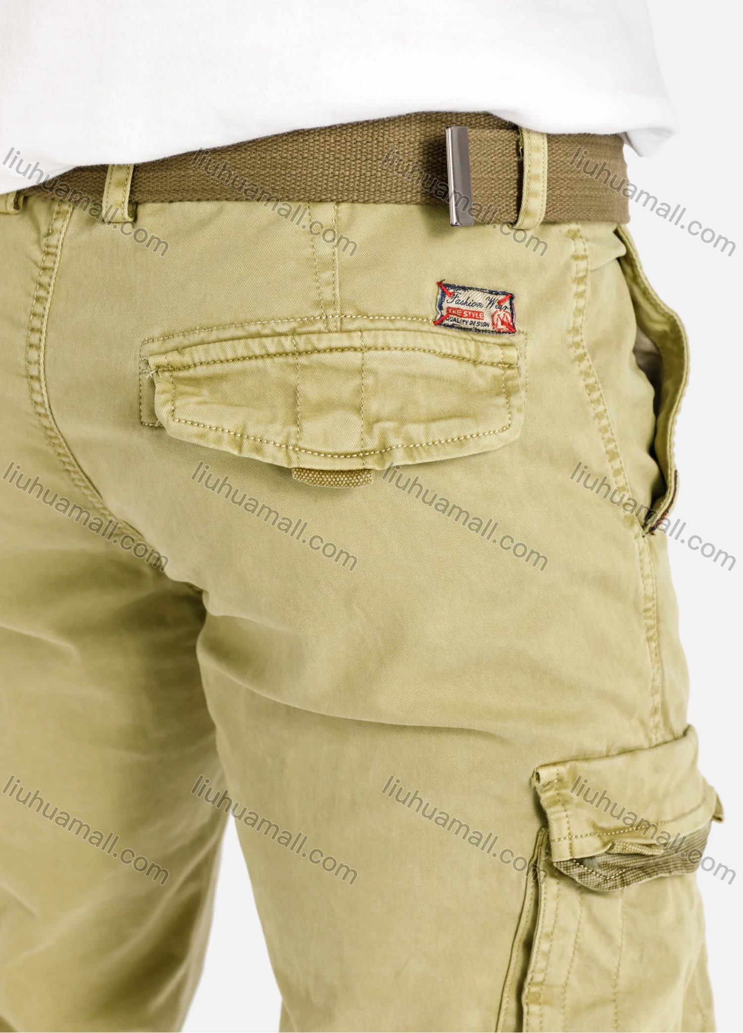 Wholesale Men's Casual Flap Pocket Zip Decor Plain Cargo Pant With Buckle Belt 9391# - Liuhuamall