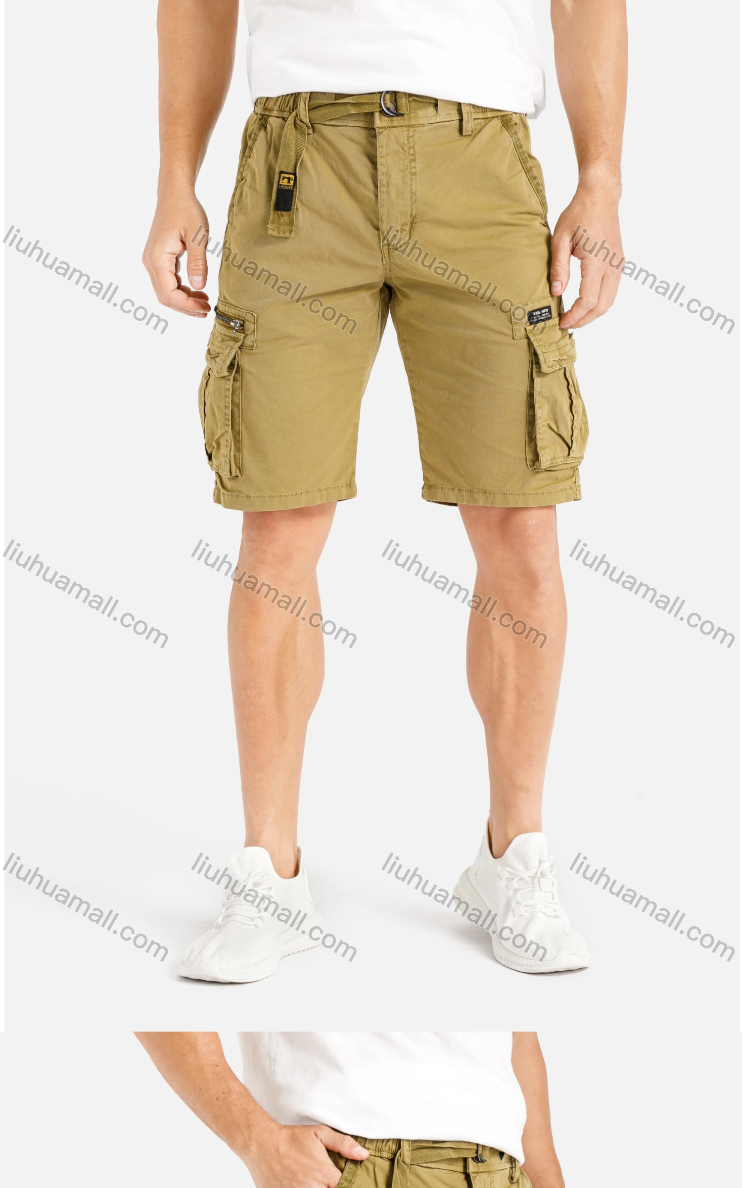Wholesale Men's Casual Flap Pocket Zip Decor Plain Cargo Shorts With Belt 9382# - Liuhuamall