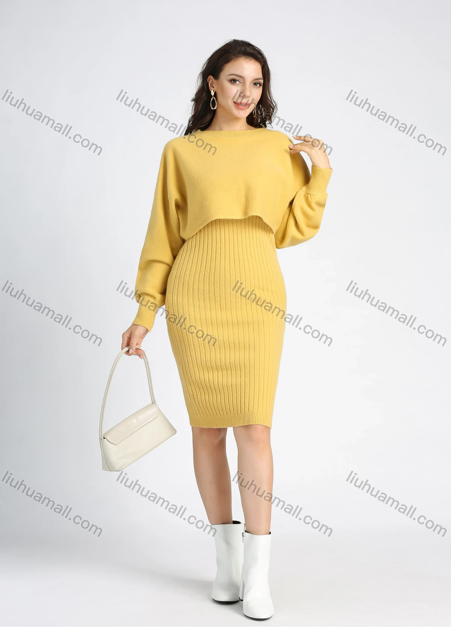 Wholesale Women's Casual Knit Rib-Knit Plain Crop Sweater 2 Piece Set - Liuhuamall