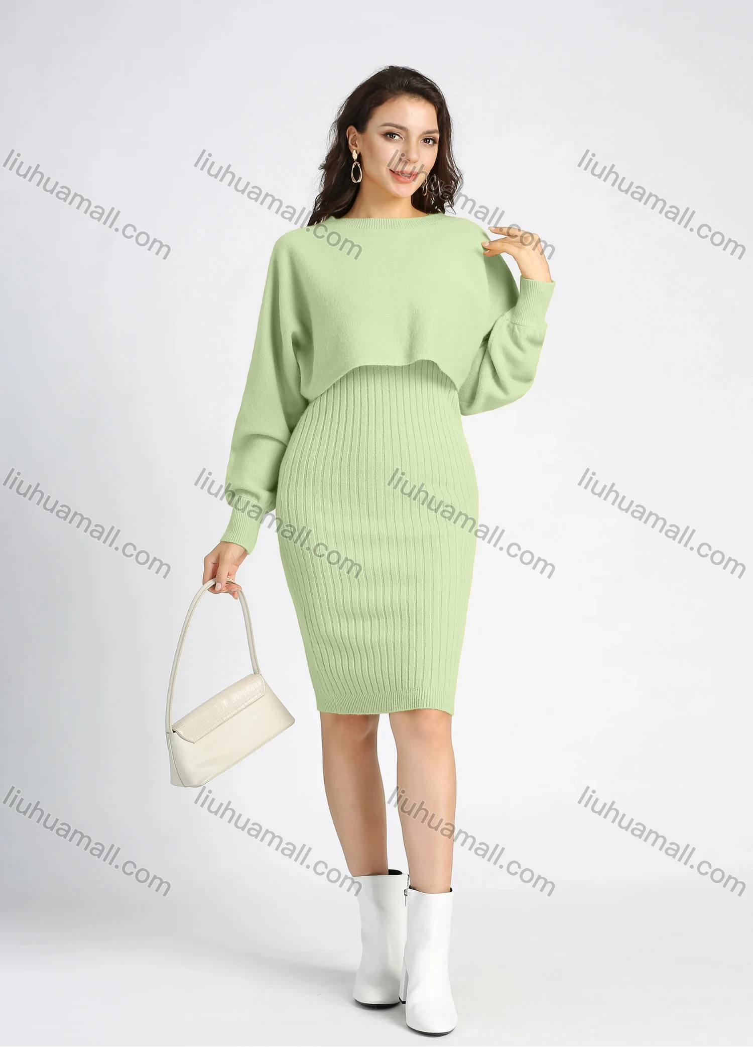 Wholesale Women's Casual Knit Rib-Knit Plain Crop Sweater 2 Piece Set - Liuhuamall