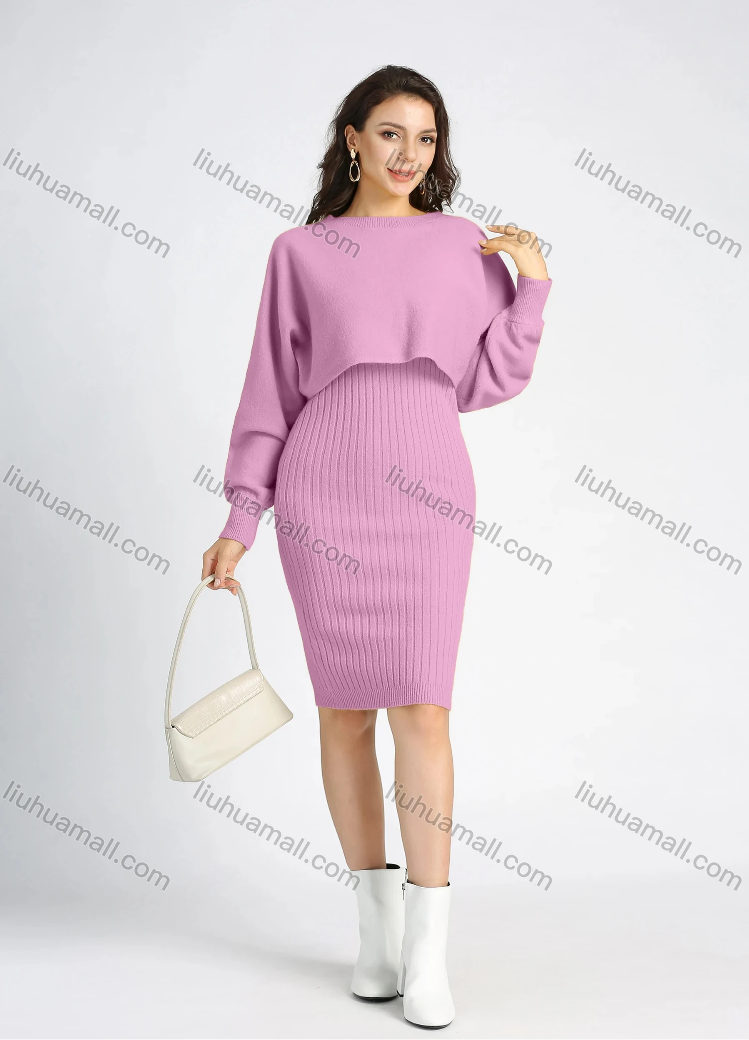 Wholesale Women's Casual Knit Rib-Knit Plain Crop Sweater 2 Piece Set - Liuhuamall