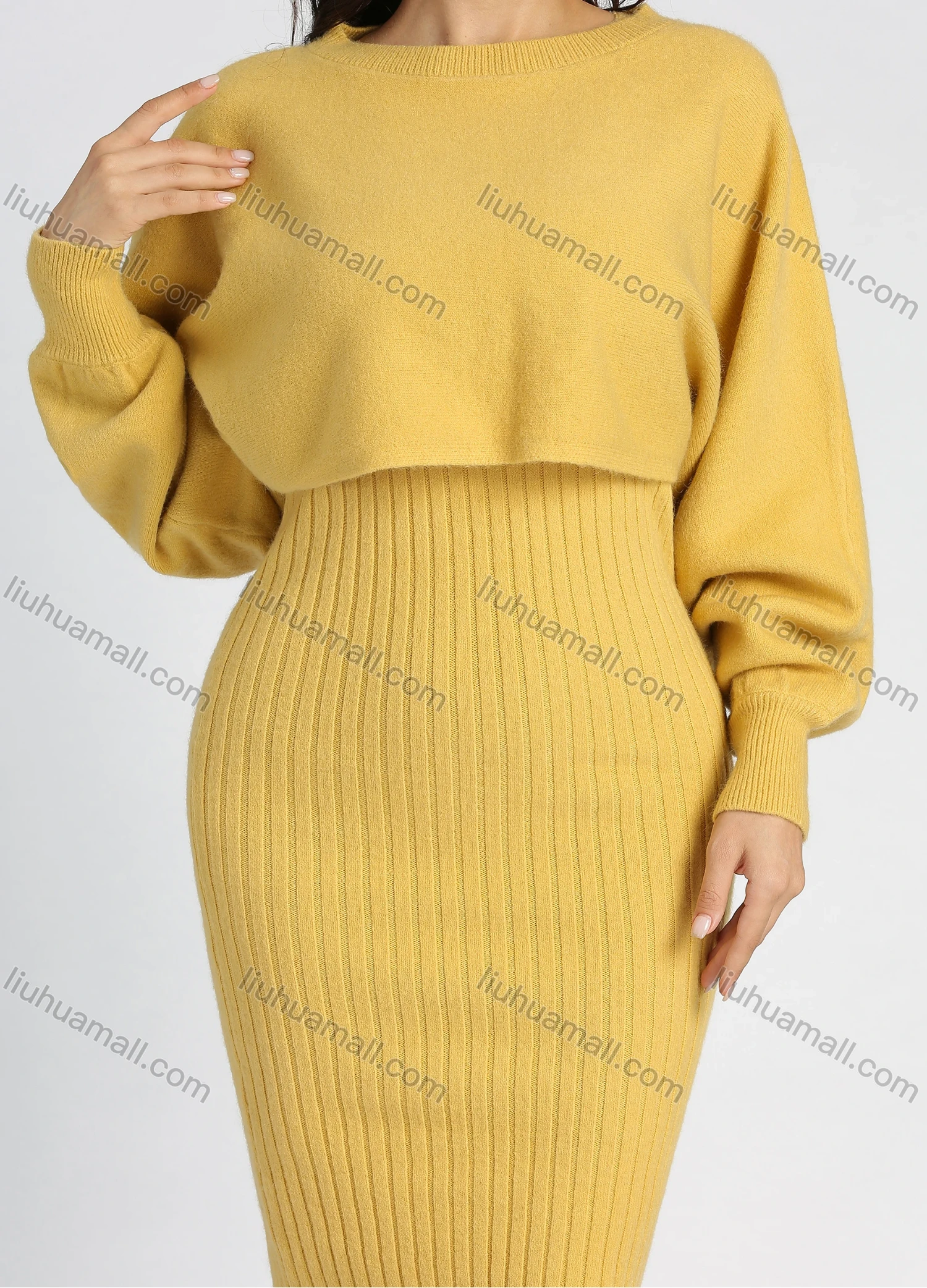 Wholesale Women's Casual Knit Rib-Knit Plain Crop Sweater 2 Piece Set - Liuhuamall