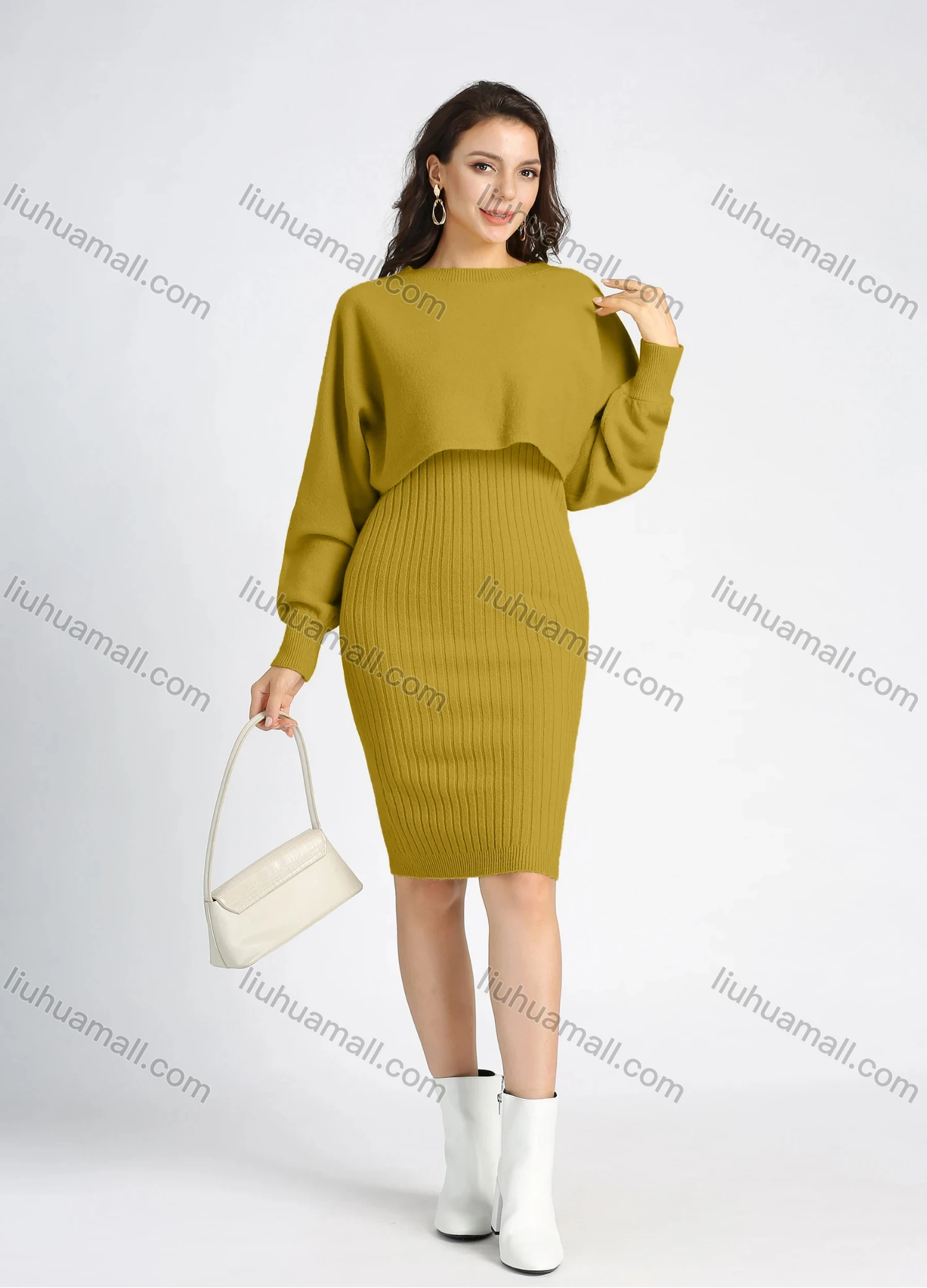 Wholesale Women's Casual Knit Rib-Knit Plain Crop Sweater 2 Piece Set - Liuhuamall