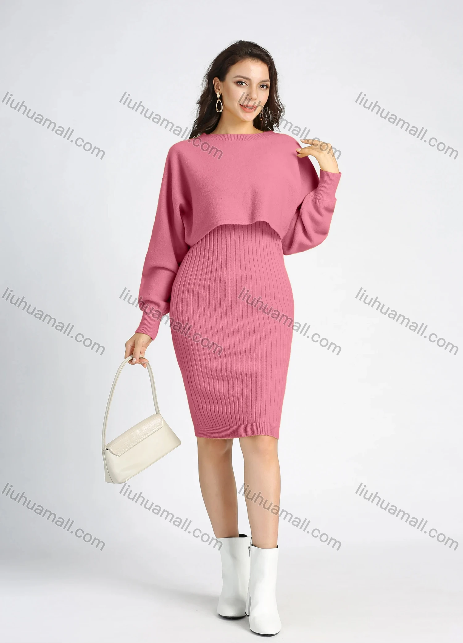 Wholesale Women's Casual Knit Rib-Knit Plain Crop Sweater 2 Piece Set - Liuhuamall