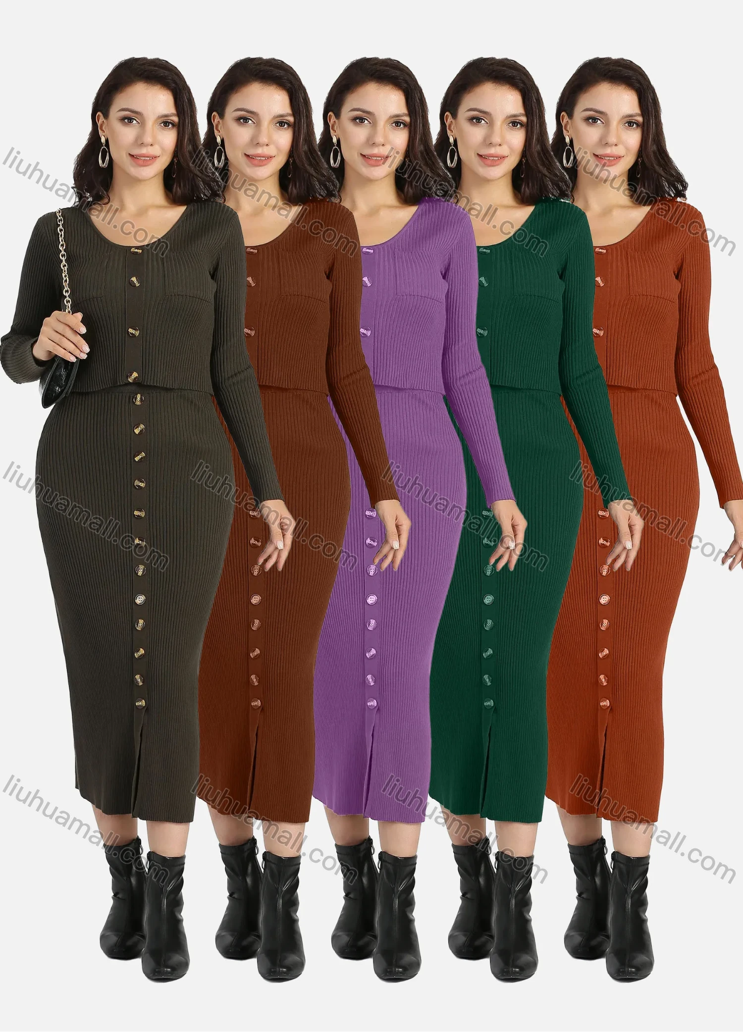 Wholesale Women's Sweater Cardigan Midi Pencil Skirt Rib-Knit 2 Piece Set - Liuhuamall
