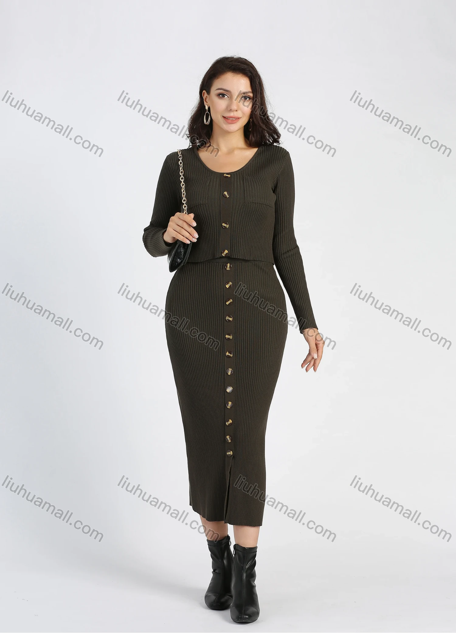 Wholesale Women's Sweater Cardigan Midi Pencil Skirt Rib-Knit 2 Piece Set - Liuhuamall