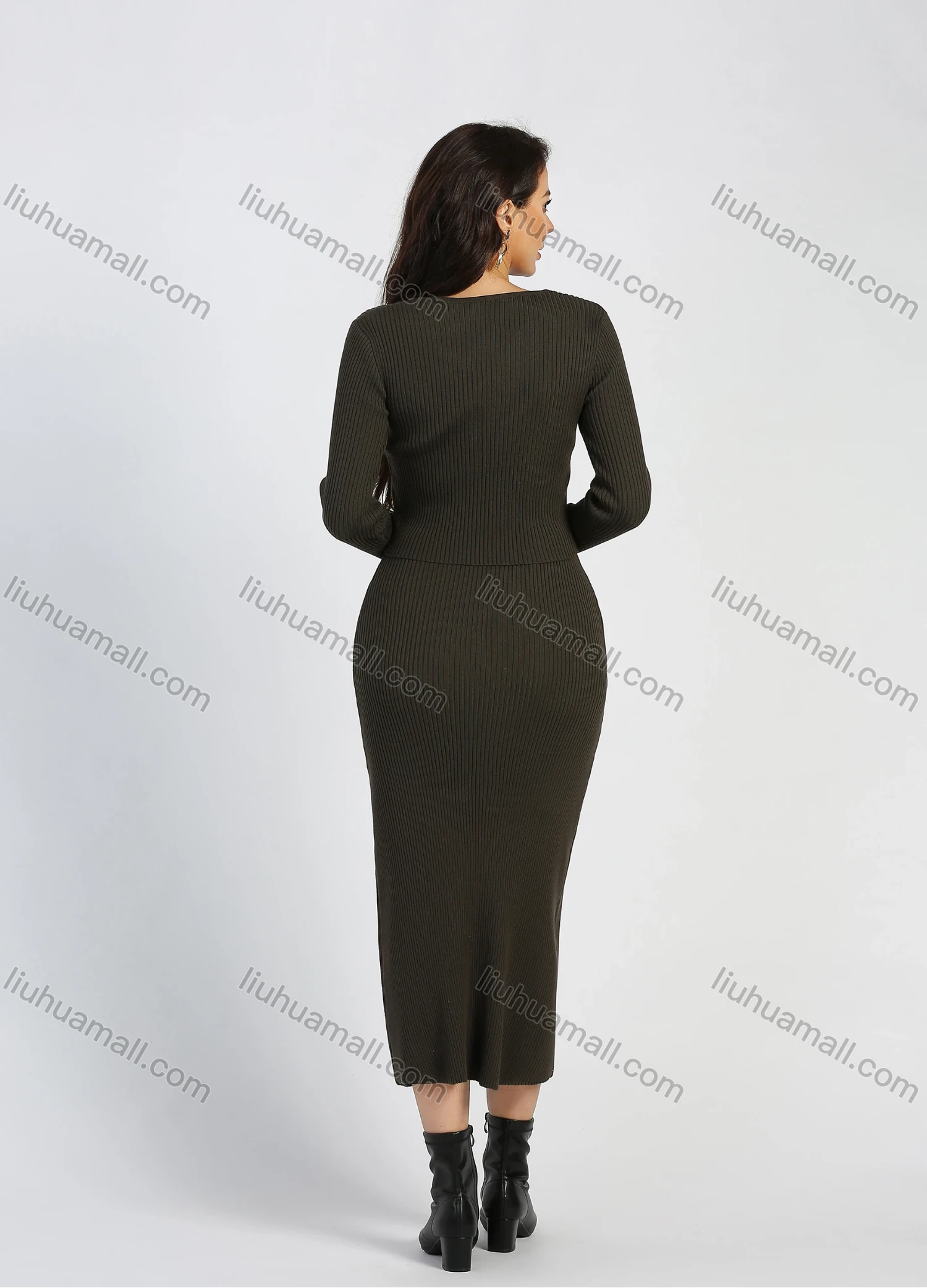 Wholesale Women's Sweater Cardigan Midi Pencil Skirt Rib-Knit 2 Piece Set - Liuhuamall