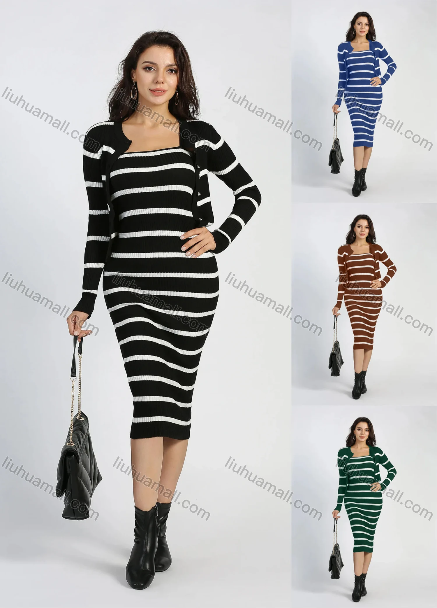 Wholesale Women's Rib-Knit Striped Sweater Midi Cami Dress With Cardigan - Liuhuamall