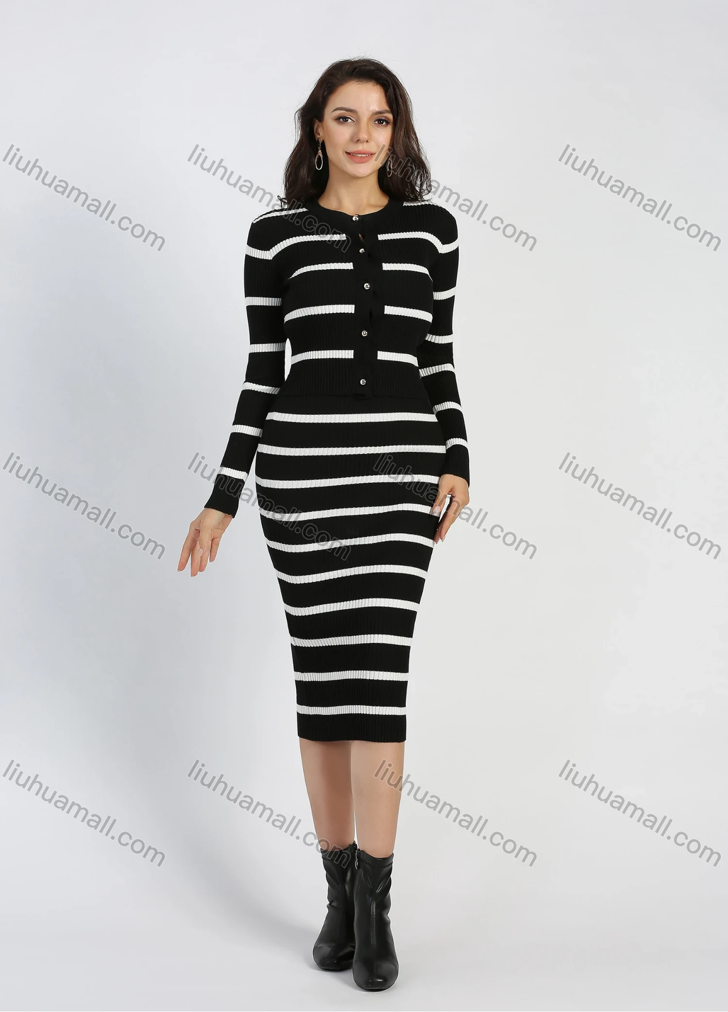 Wholesale Women's Rib-Knit Striped Sweater Midi Cami Dress With Cardigan - Liuhuamall