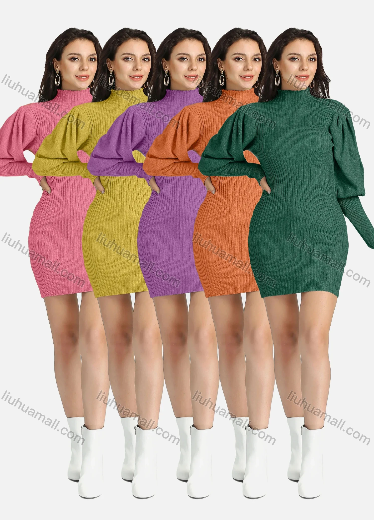 Wholesale Women's High Neck Plain Ribbed Knitted Leg of Mutton Sleeve Short Sweater Dress - Liuhuamall