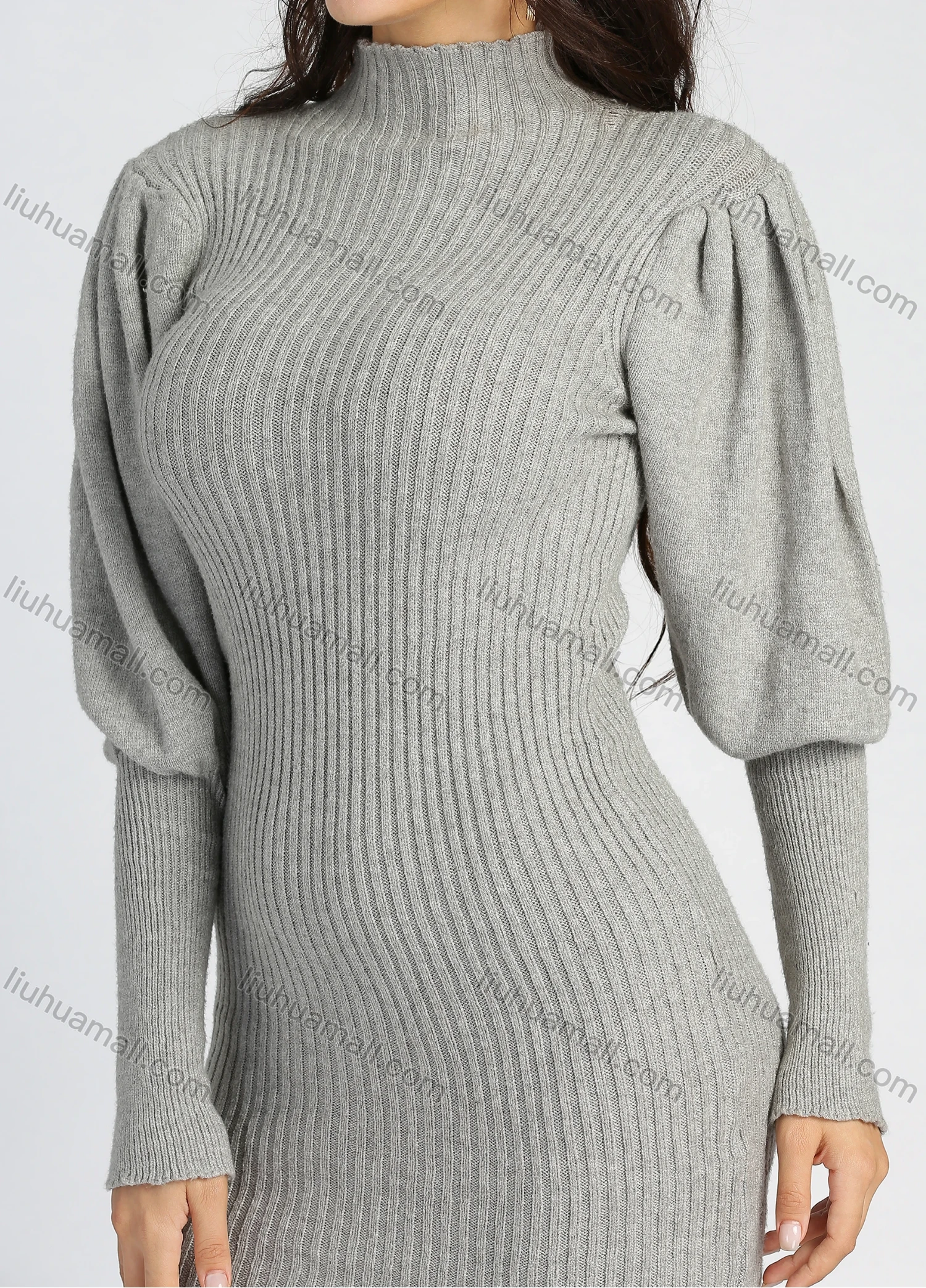 Wholesale Women's High Neck Plain Ribbed Knitted Leg of Mutton Sleeve Short Sweater Dress - Liuhuamall