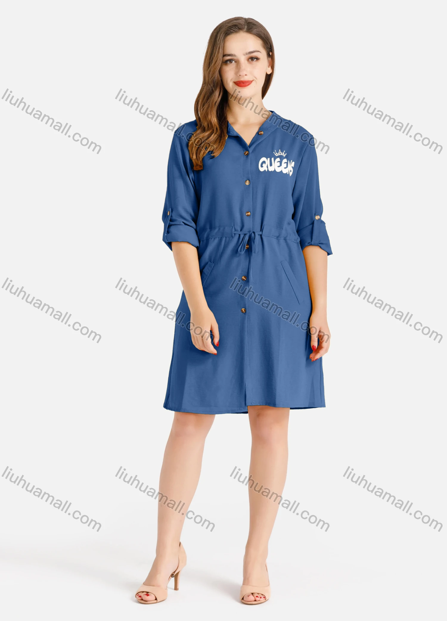 Wholesale Women's Casual Buttons Down Long Sleeve Drawstring Hooded Short Dress - Liuhuamall