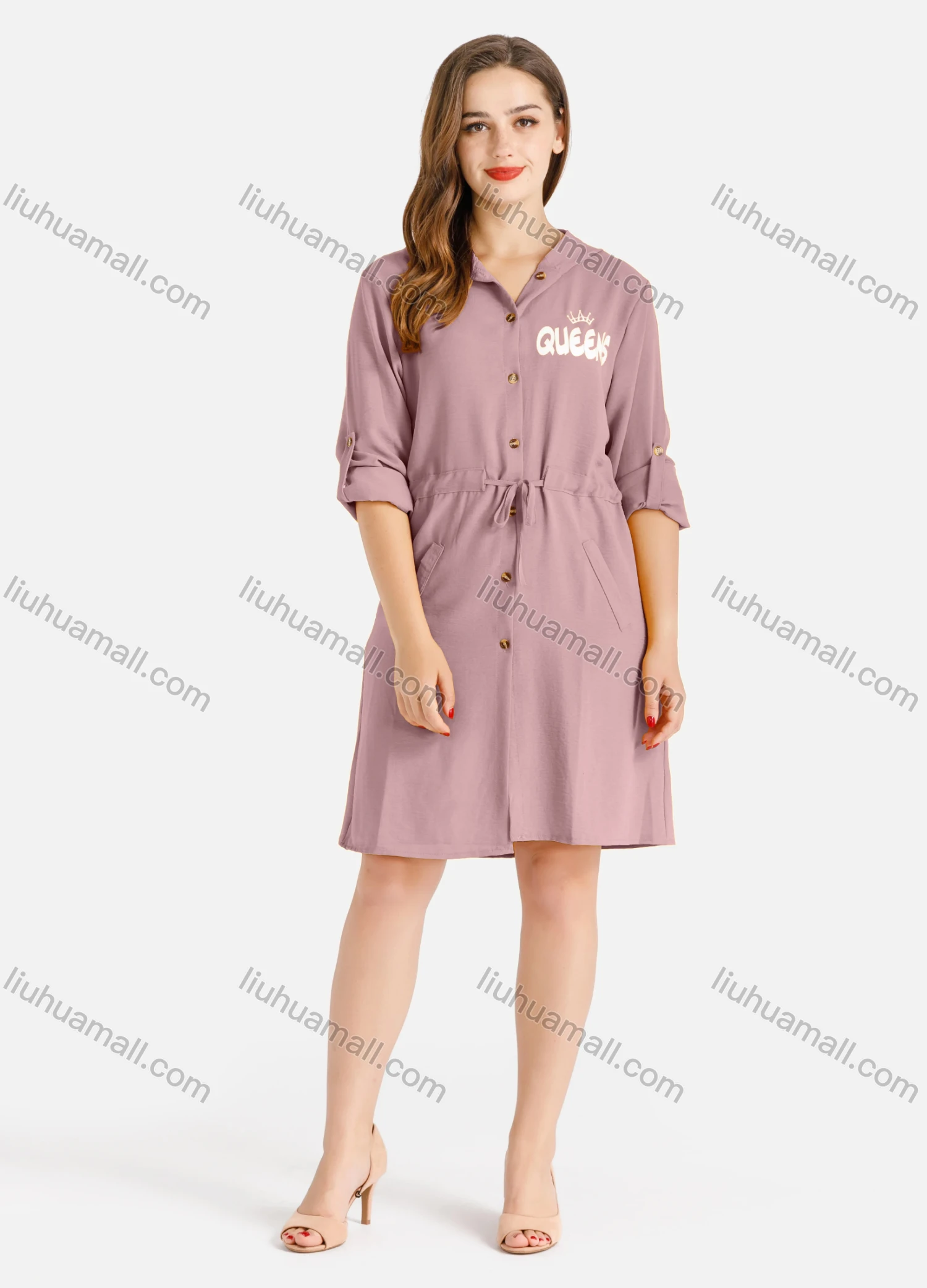 Wholesale Women's Casual Buttons Down Long Sleeve Drawstring Hooded Short Dress - Liuhuamall