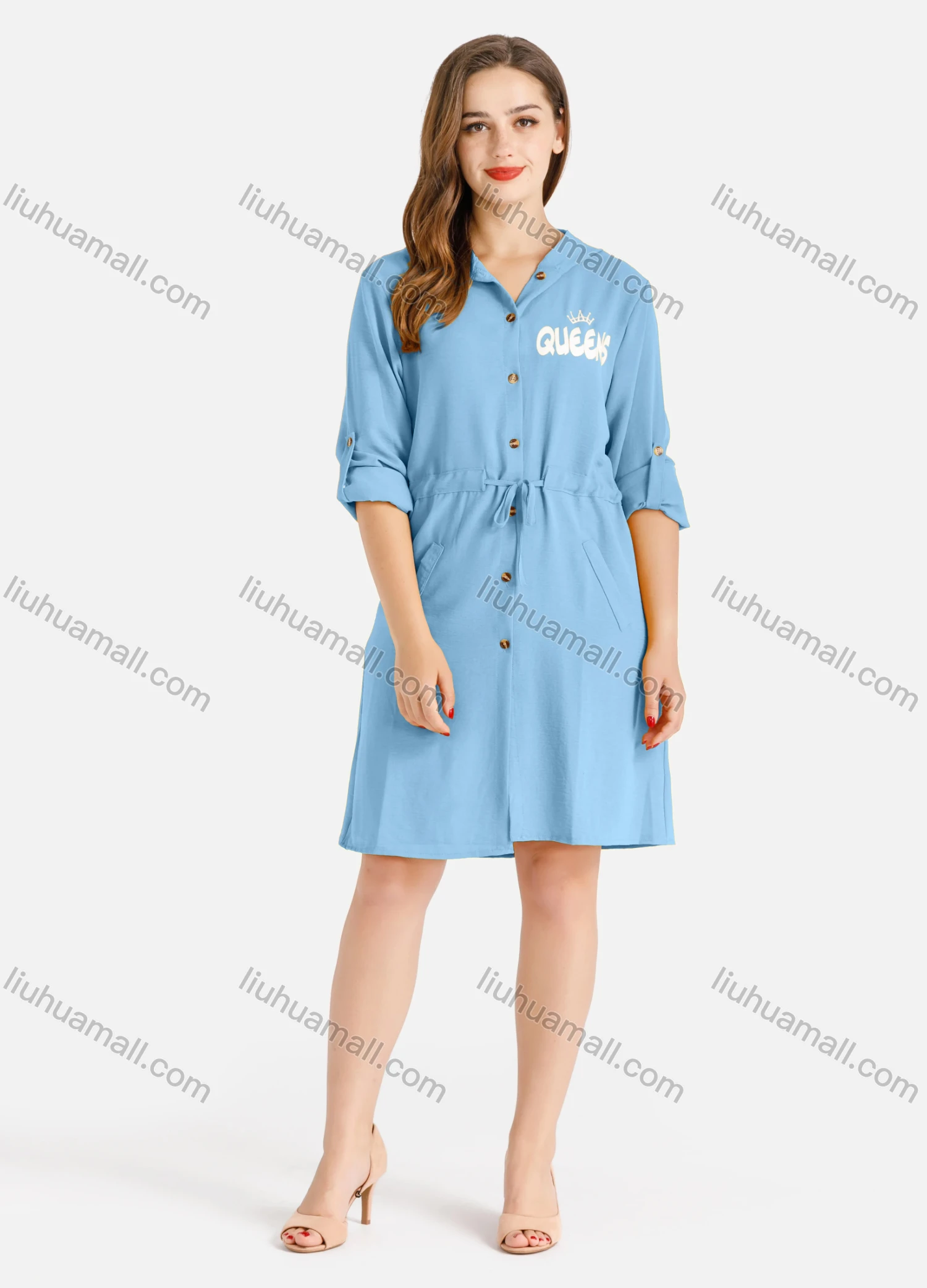 Wholesale Women's Casual Buttons Down Long Sleeve Drawstring Hooded Short Dress - Liuhuamall