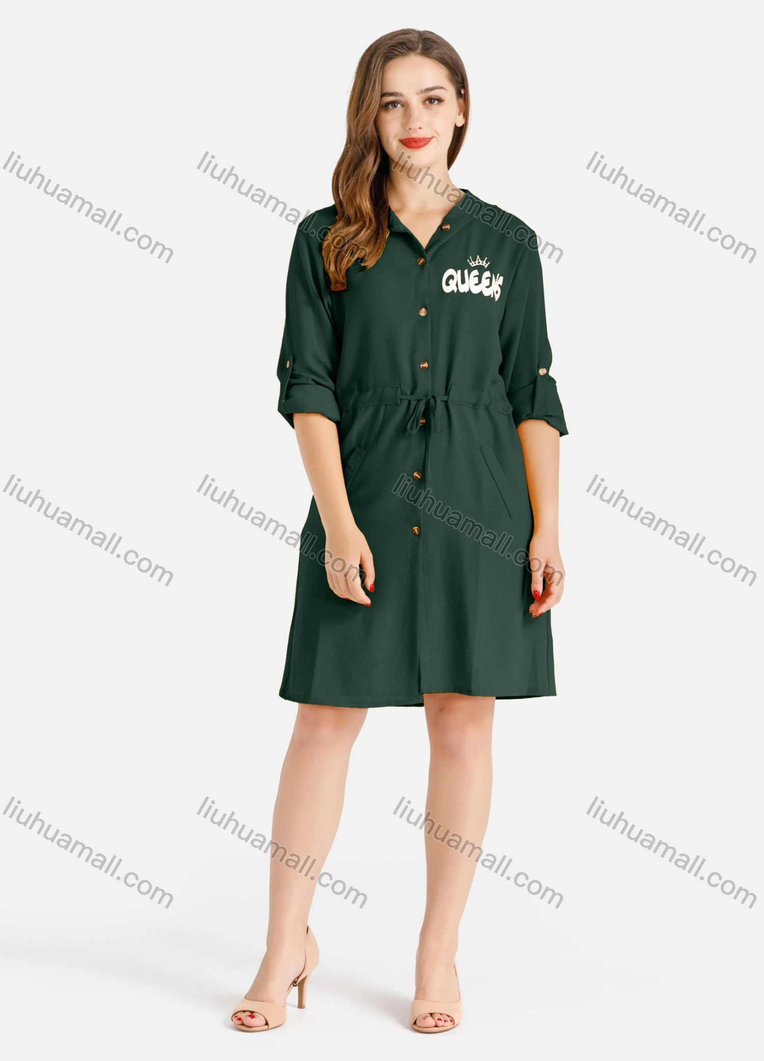 Wholesale Women's Casual Buttons Down Long Sleeve Drawstring Hooded Short Dress - Liuhuamall