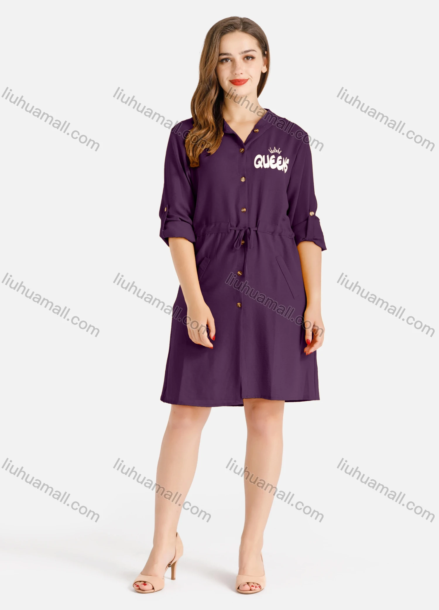 Wholesale Women's Casual Buttons Down Long Sleeve Drawstring Hooded Short Dress - Liuhuamall