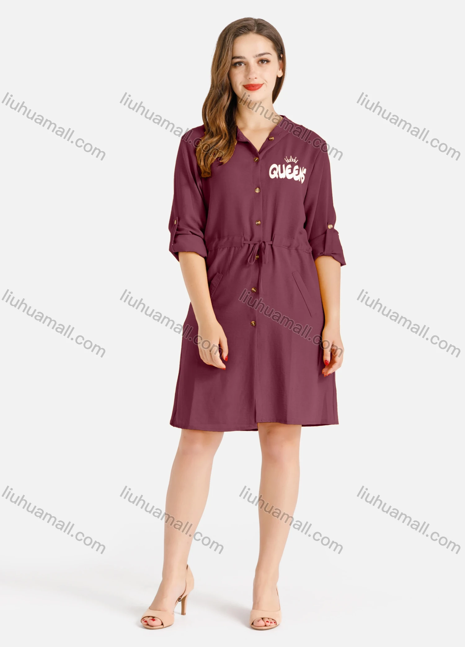 Wholesale Women's Casual Buttons Down Long Sleeve Drawstring Hooded Short Dress - Liuhuamall