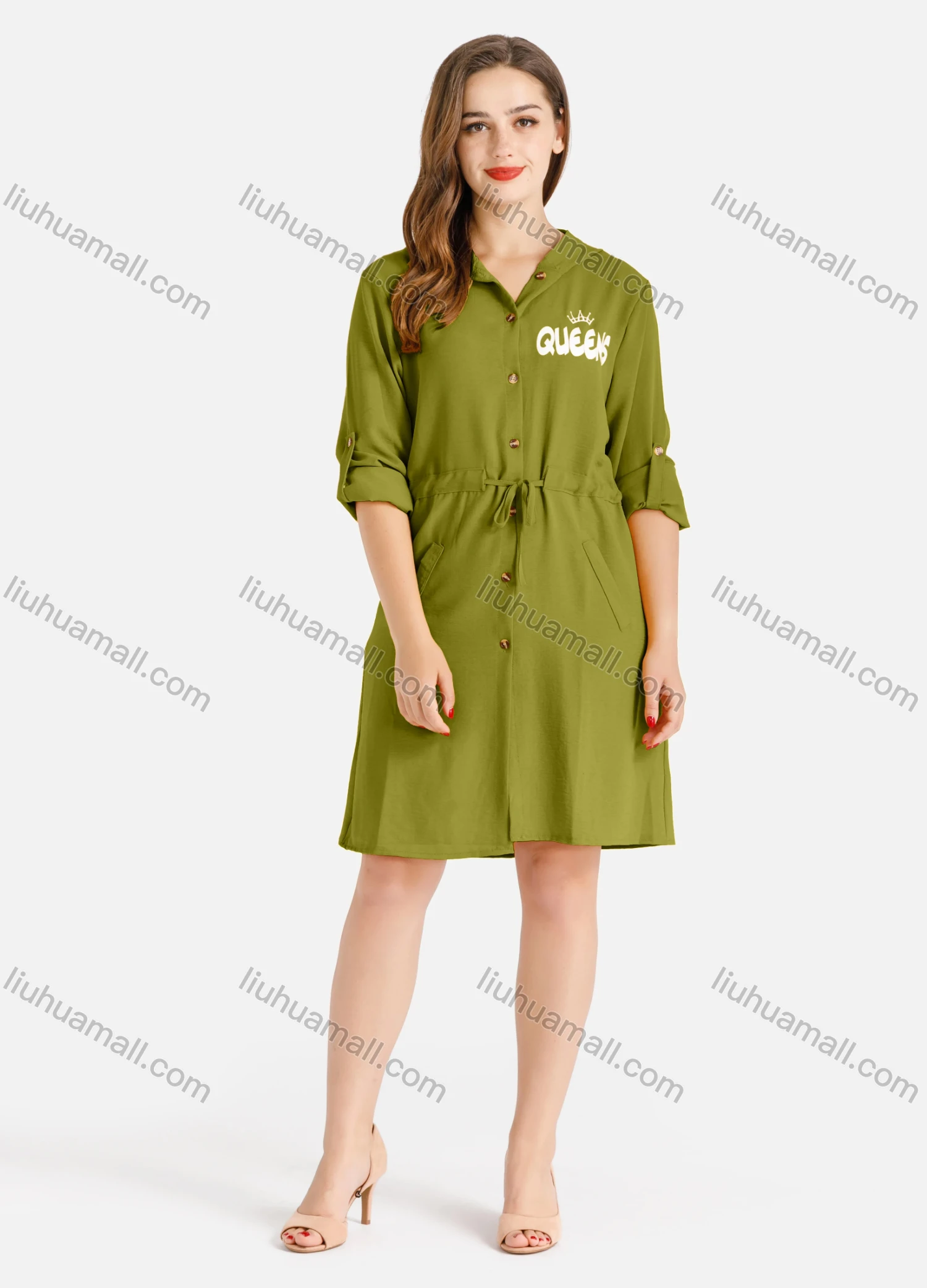 Wholesale Women's Casual Buttons Down Long Sleeve Drawstring Hooded Short Dress - Liuhuamall