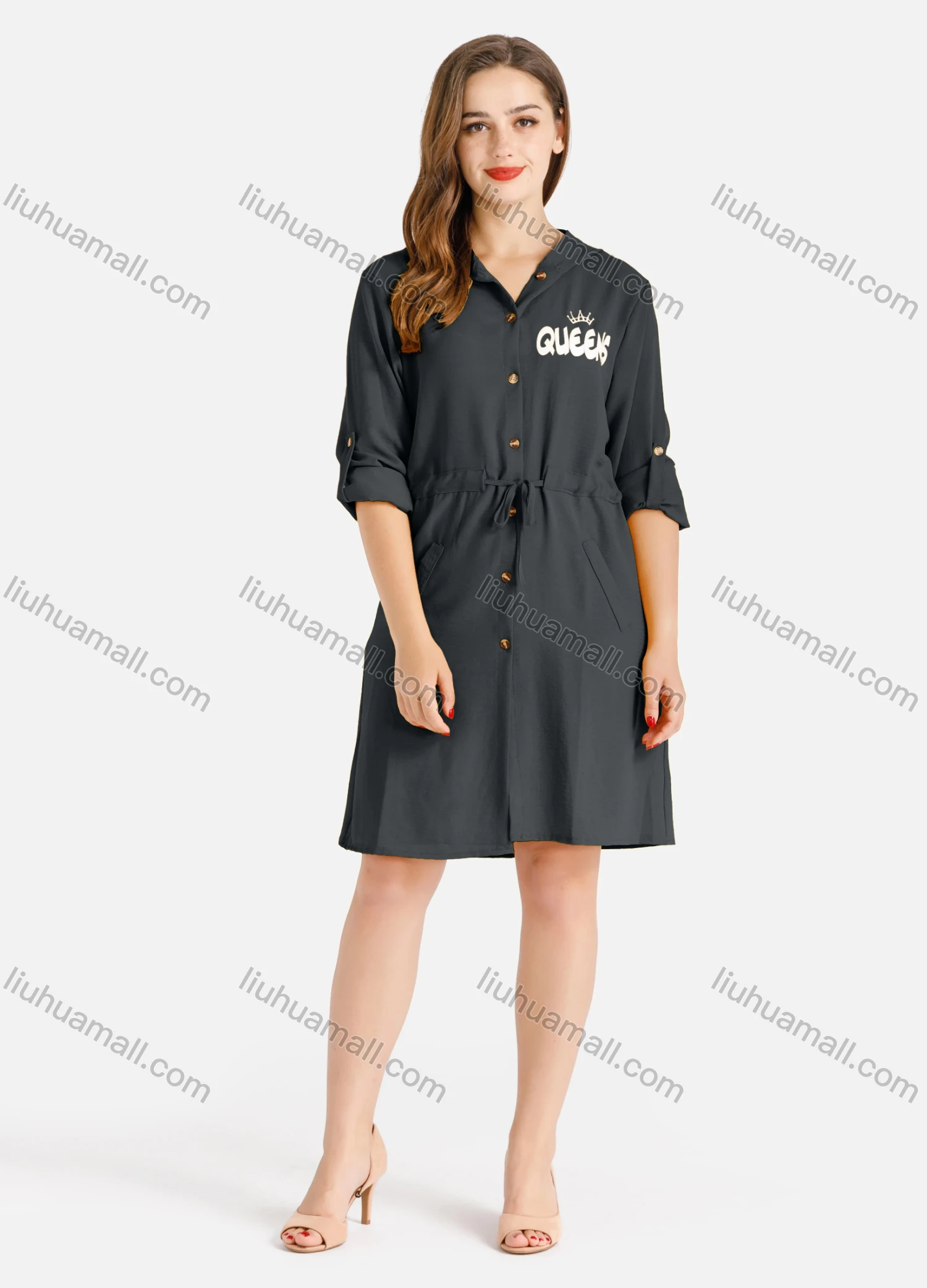 Wholesale Women's Casual Buttons Down Long Sleeve Drawstring Hooded Short Dress - Liuhuamall