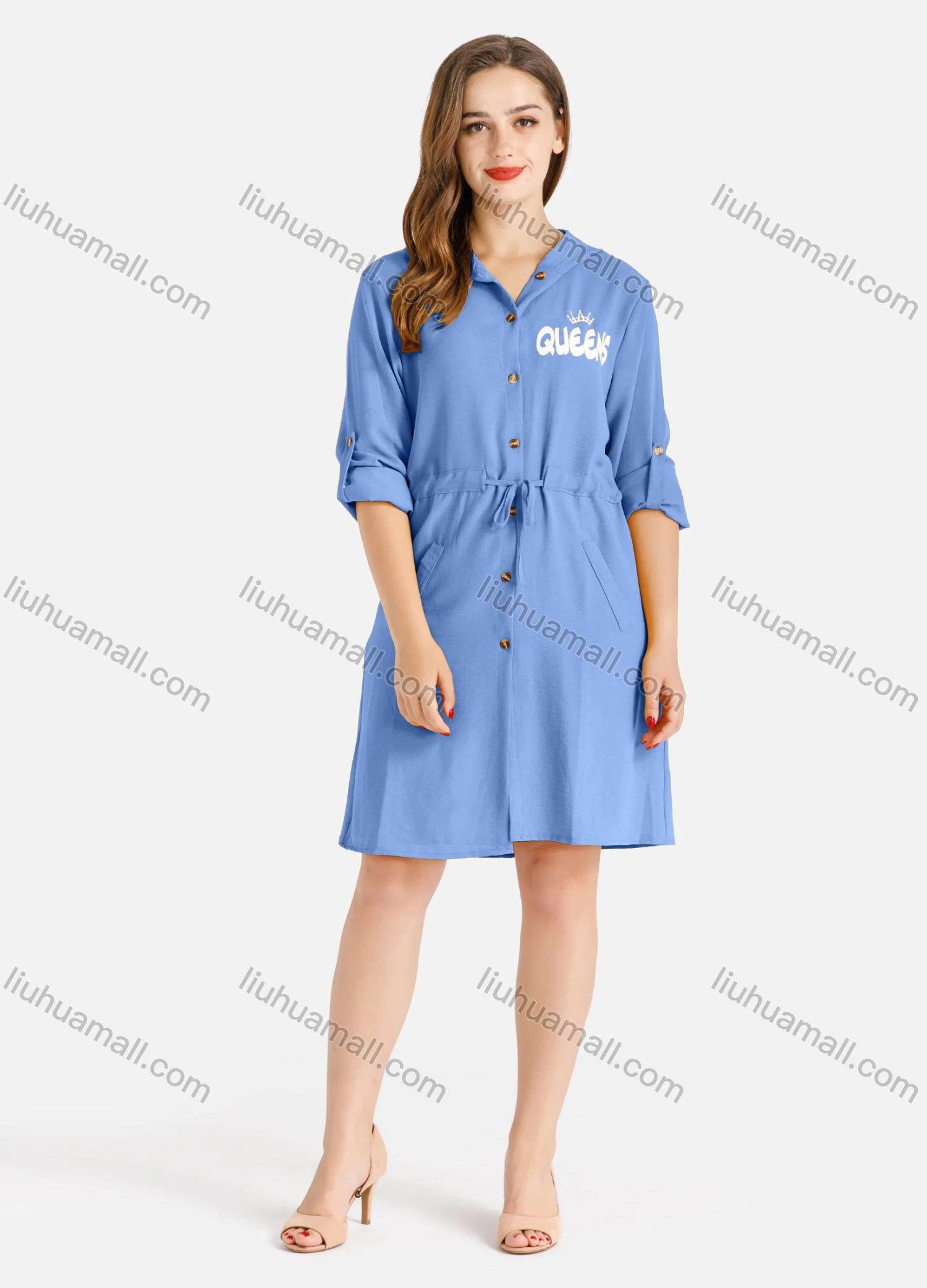 Wholesale Women's Casual Buttons Down Long Sleeve Drawstring Hooded Short Dress - Liuhuamall