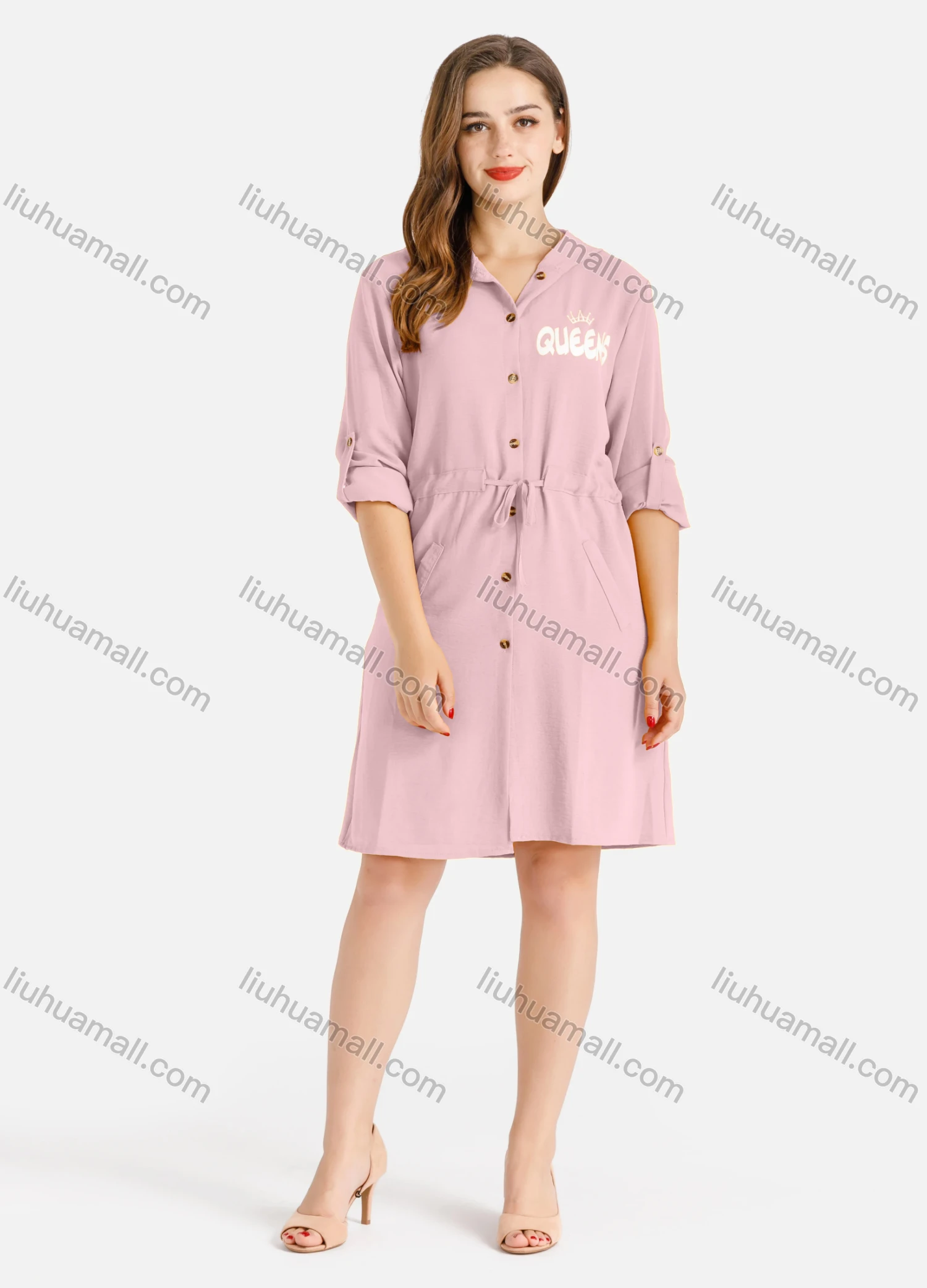 Wholesale Women's Casual Buttons Down Long Sleeve Drawstring Hooded Short Dress - Liuhuamall