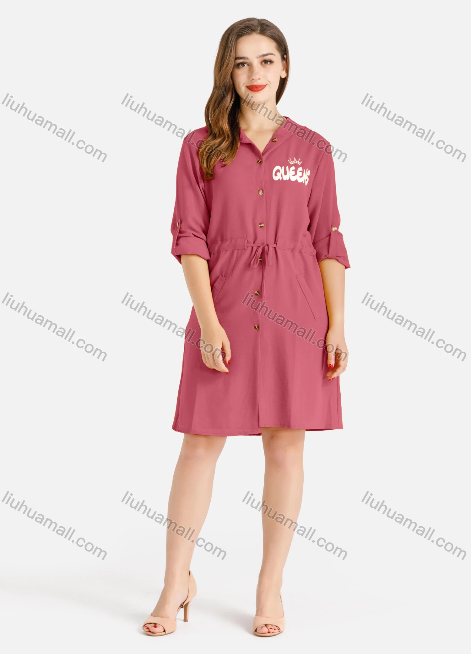 Wholesale Women's Casual Buttons Down Long Sleeve Drawstring Hooded Short Dress - Liuhuamall