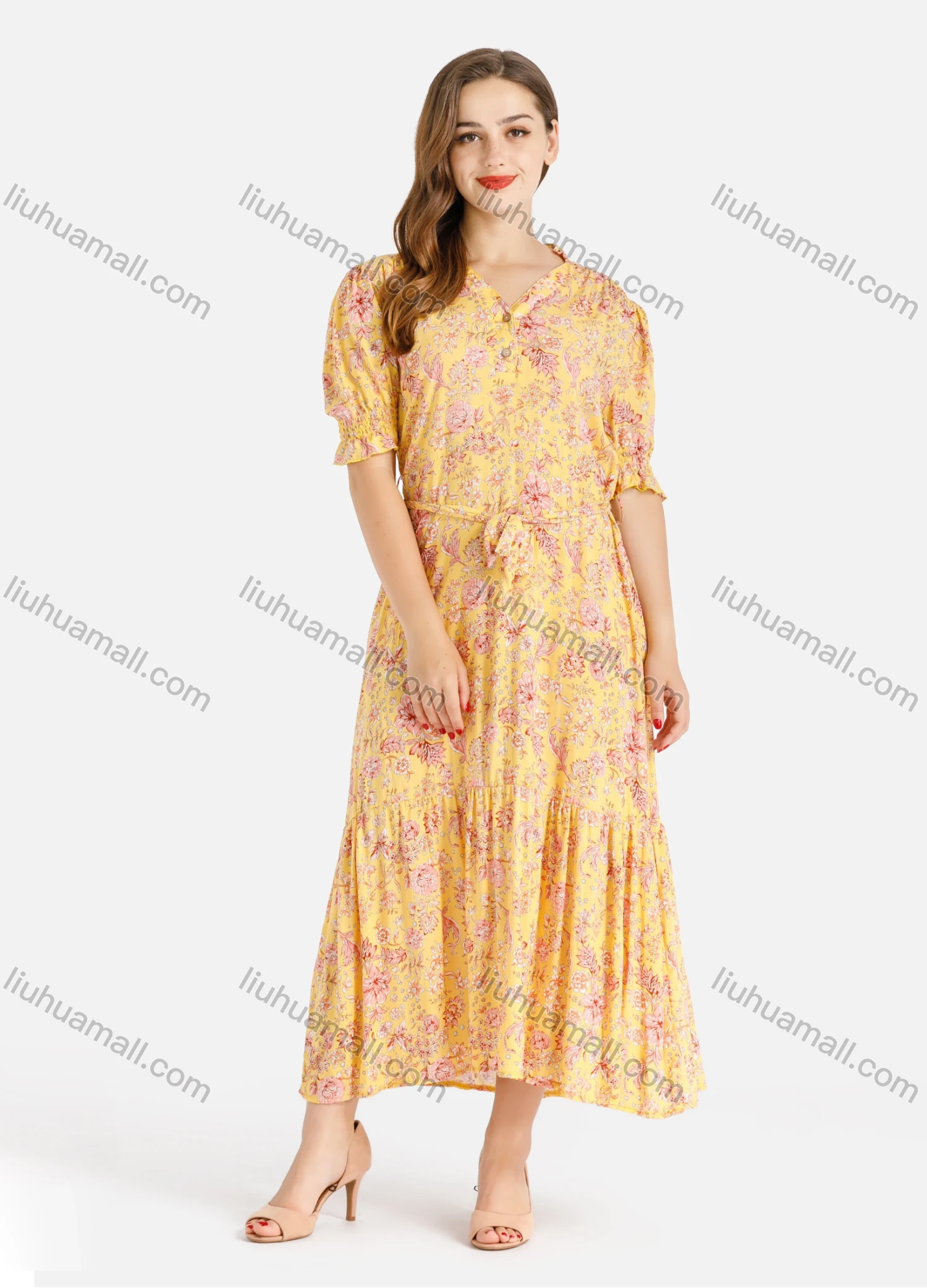 Wholesale Women's Casual Elegant V-Neck Puff Sleeve Button Front Floral Print Maxi Dress With Belt - Liuhuamall